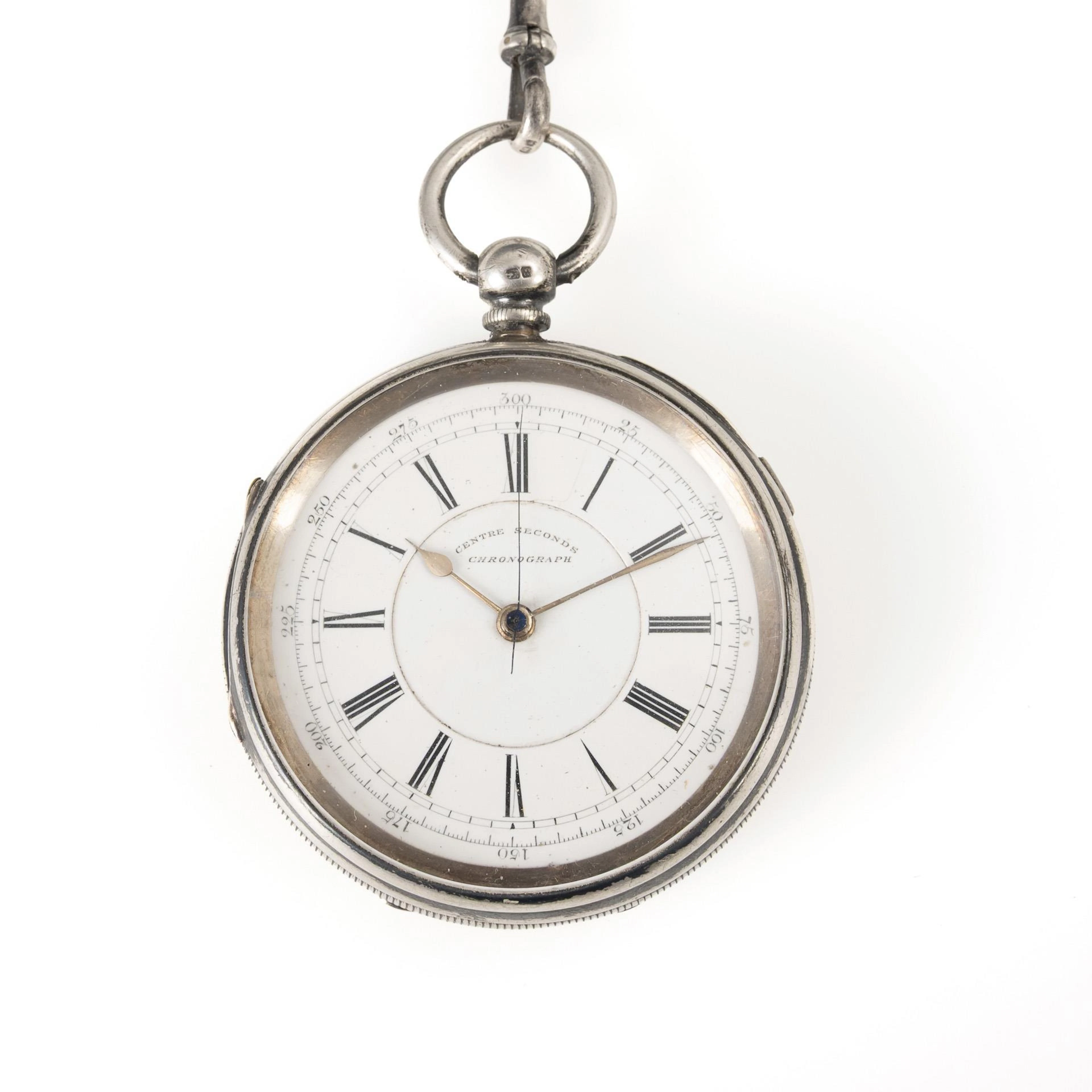 Silver English key pocket watch as chronograph with stopwatch. James