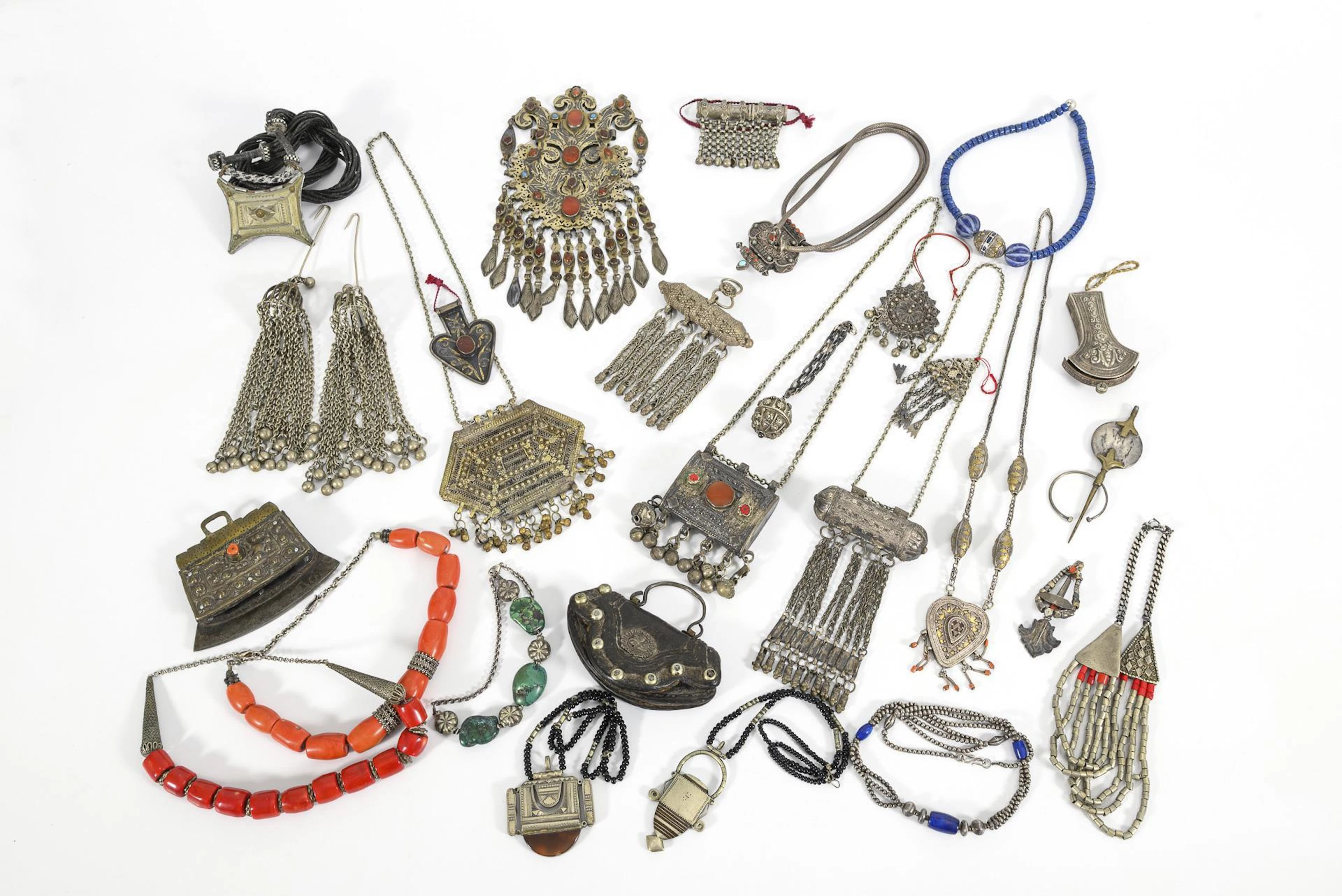 Large collection of old Tibetan jewelry.
