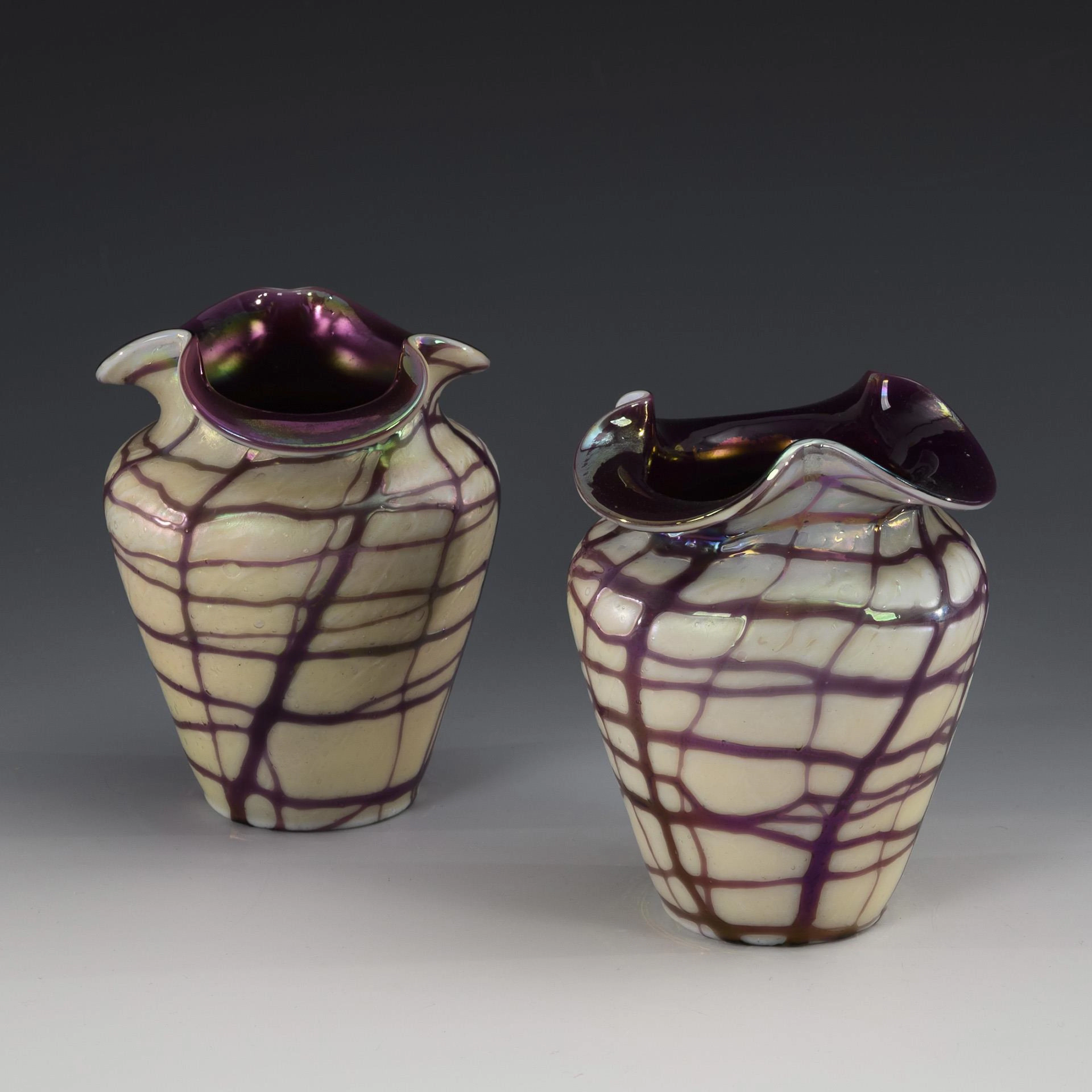 Pair of Art Nouveau vases with purple thread net. Kralik.