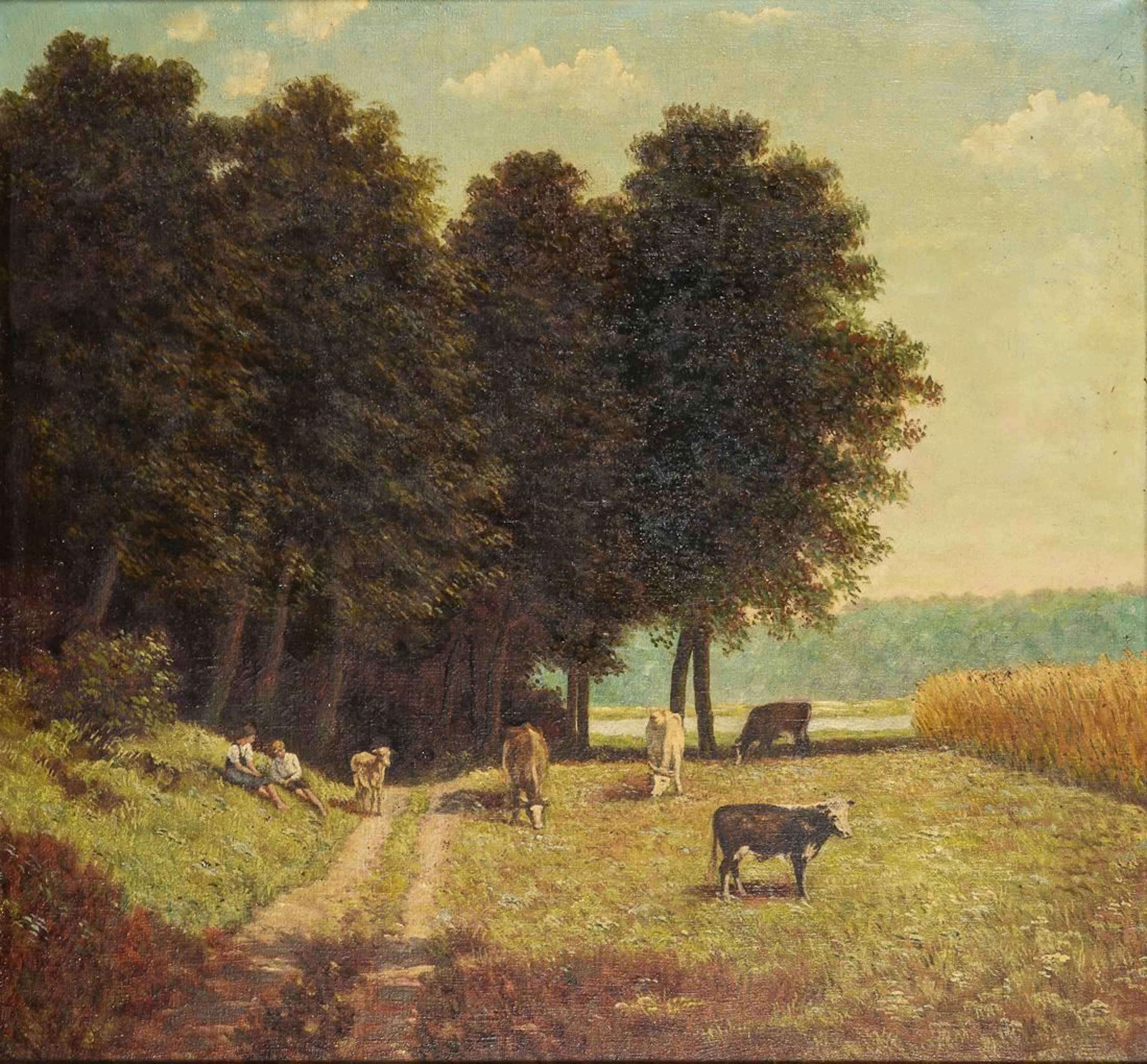 Indistinctly signed: Harvest scene with livestock