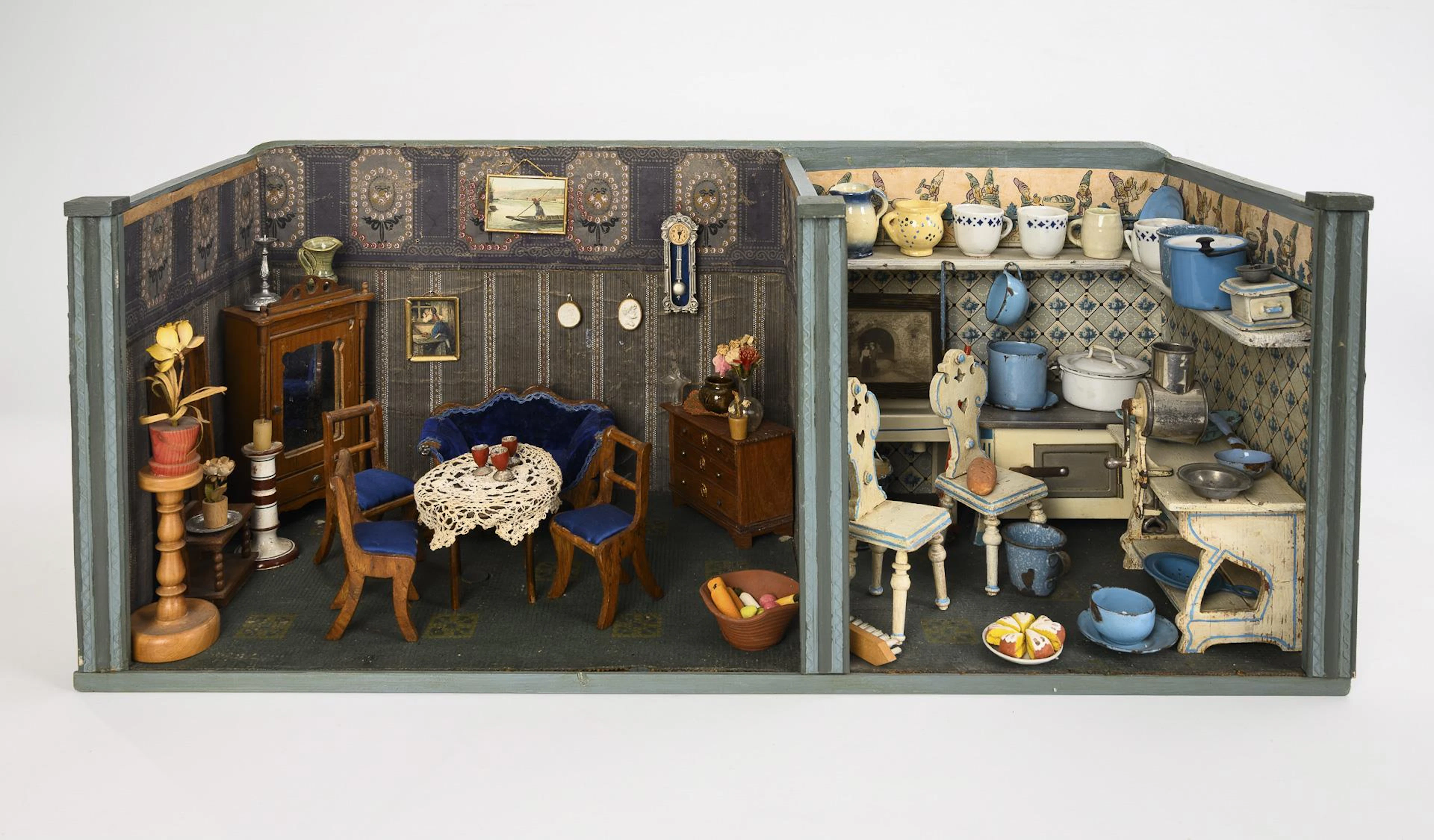 Doll's house with kitchen and living room.