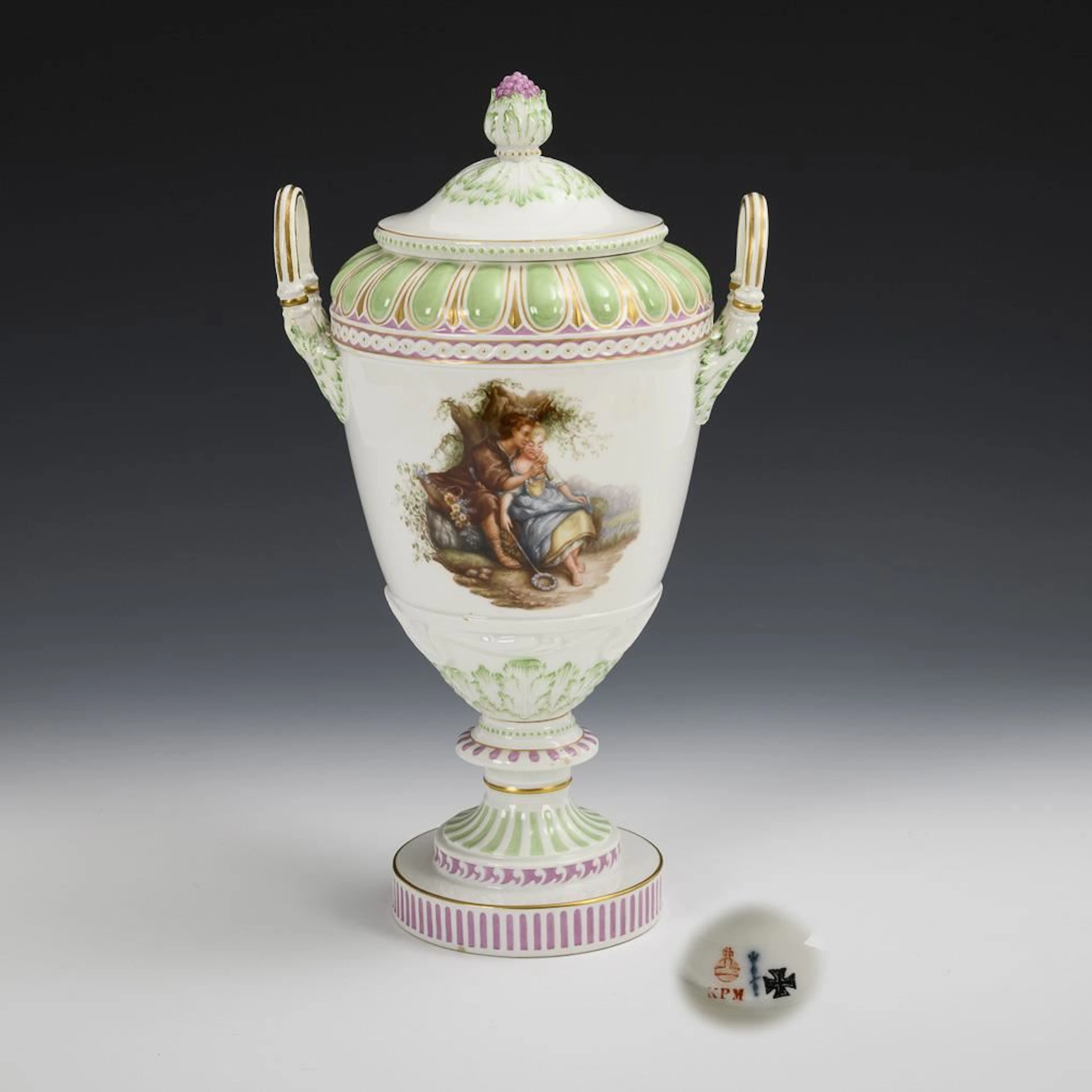 Lidded vase with Watteau-style painting. KPM Berlin.