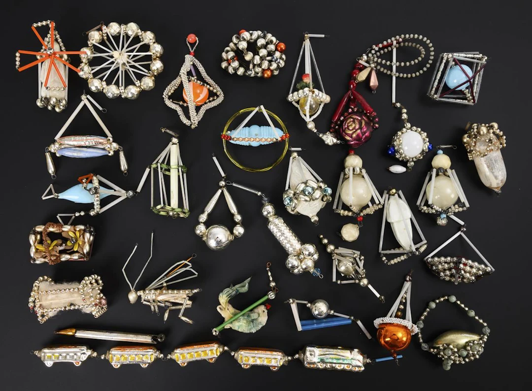 Assortment of Gablonz Christmas tree ornaments.