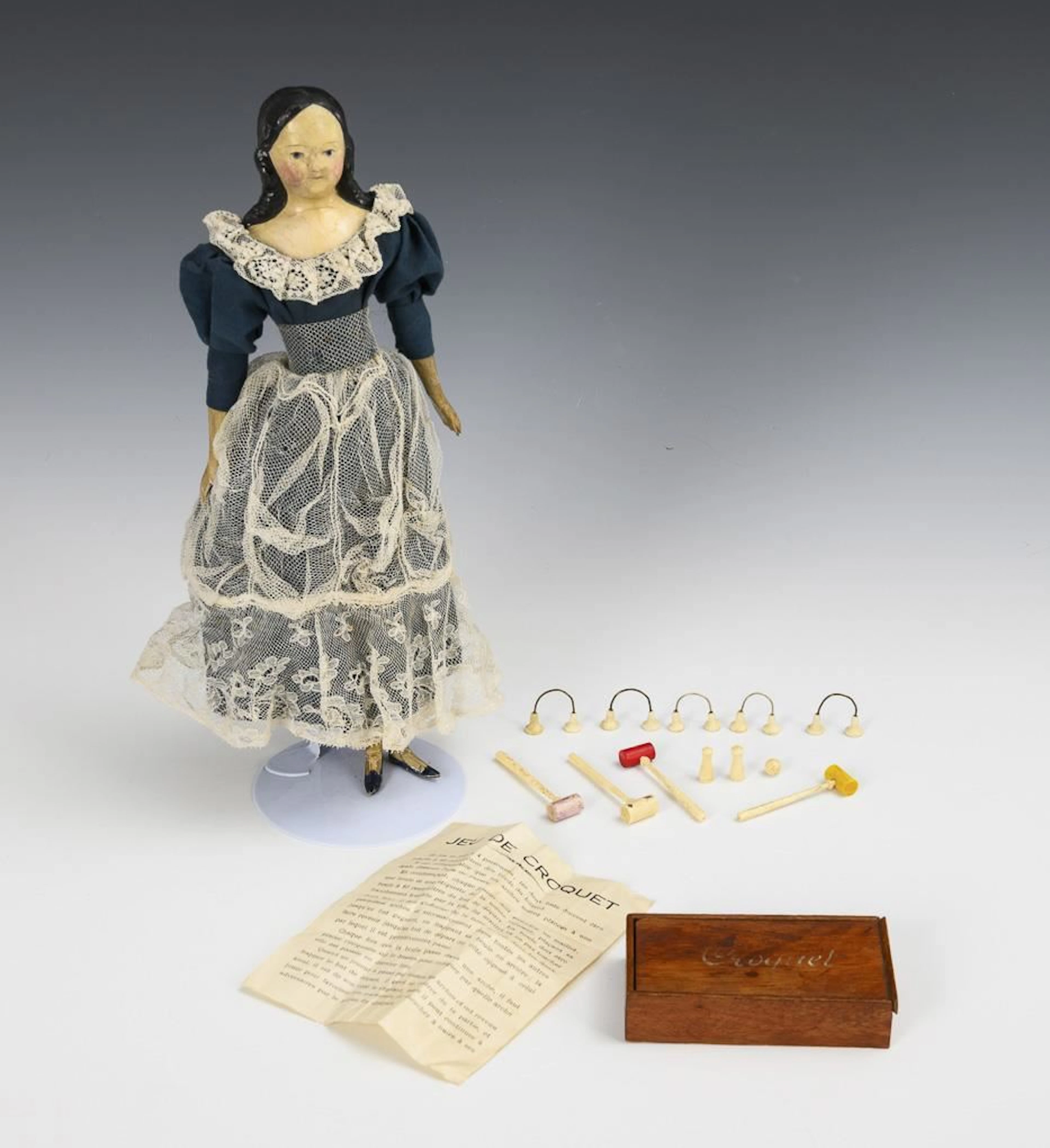 Biedermeier bust doll and "Croquet" game.
