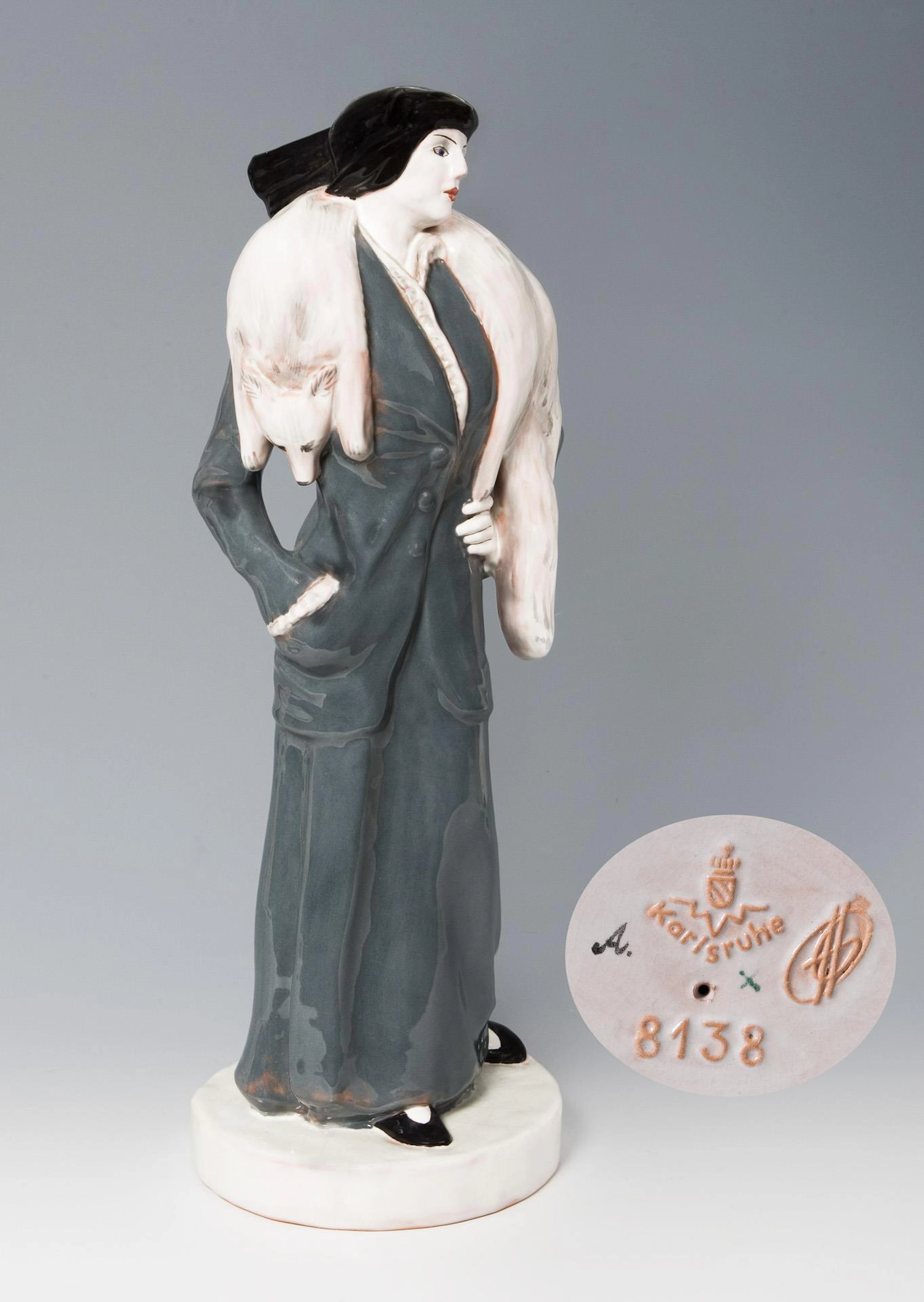 Large figure: lady with fur stole. Carlsruhe majolica.