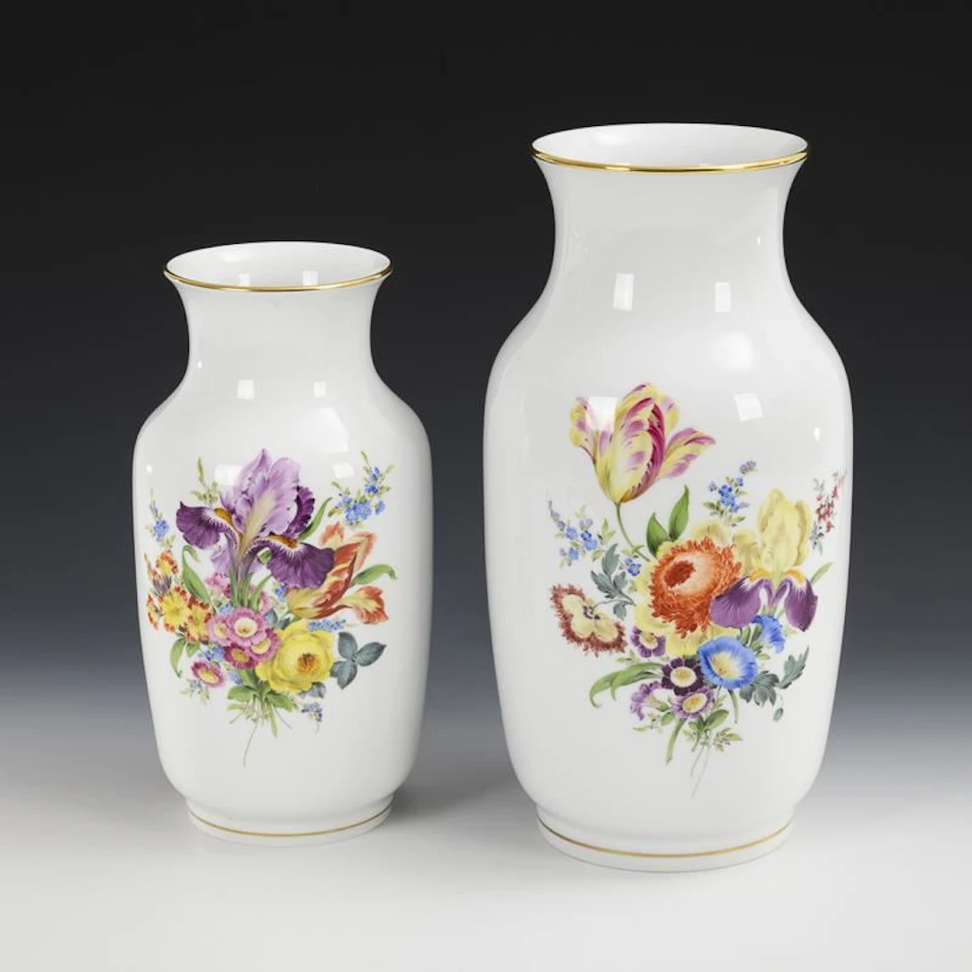 2 large vases with floral designs. Meissen.