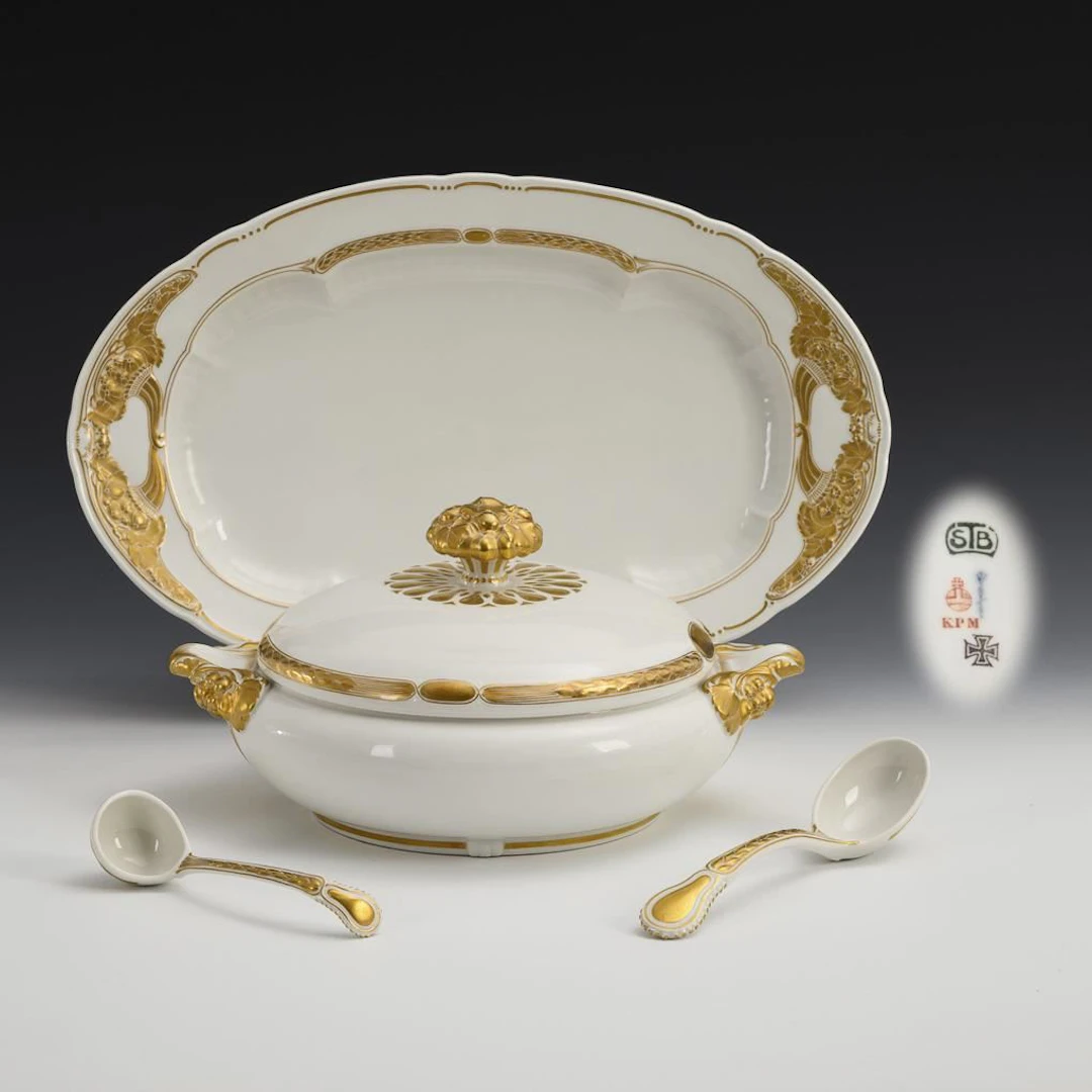 Art Nouveau platter, tureen, and 2 "Ceres" serving spoons. KPM Berlin.