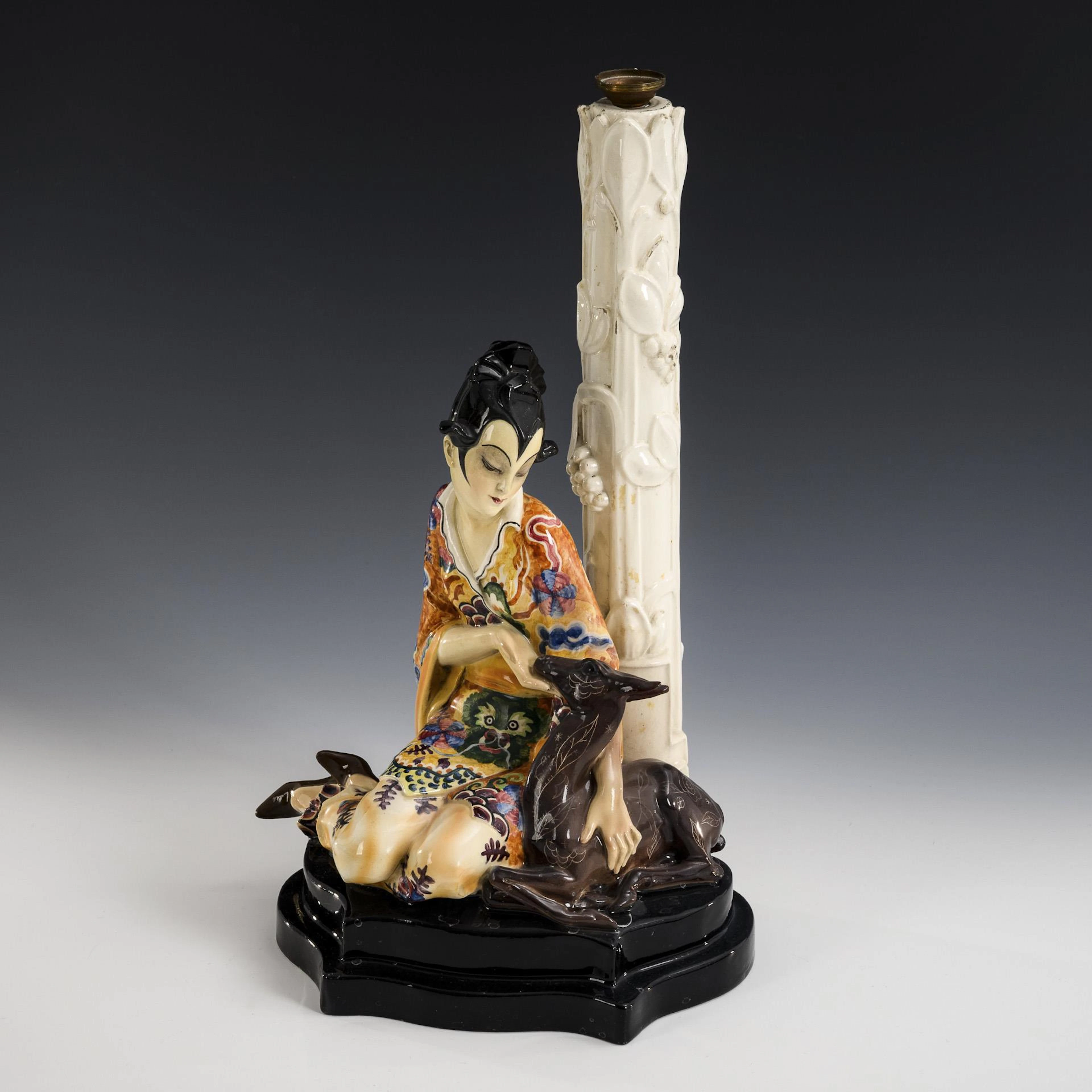 Art deco lamp base "Sitting geisha with deer". Marcell Goldscheider