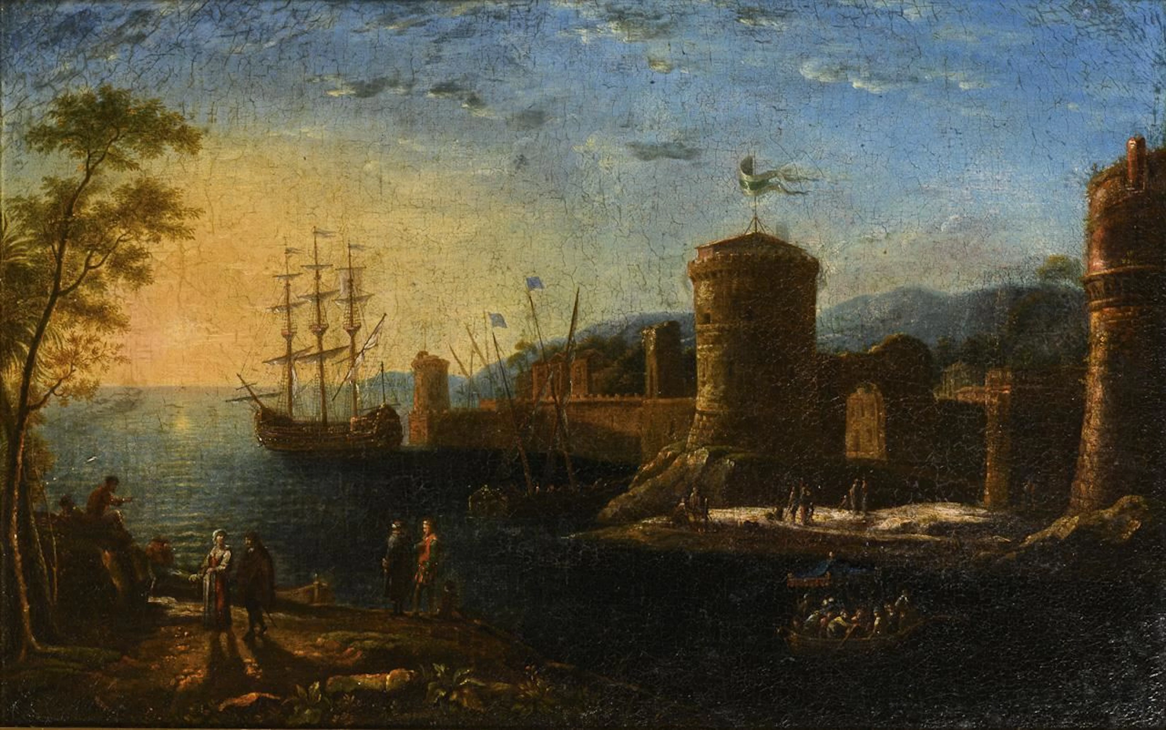 Late Baroque painter: Coastal town with staffage