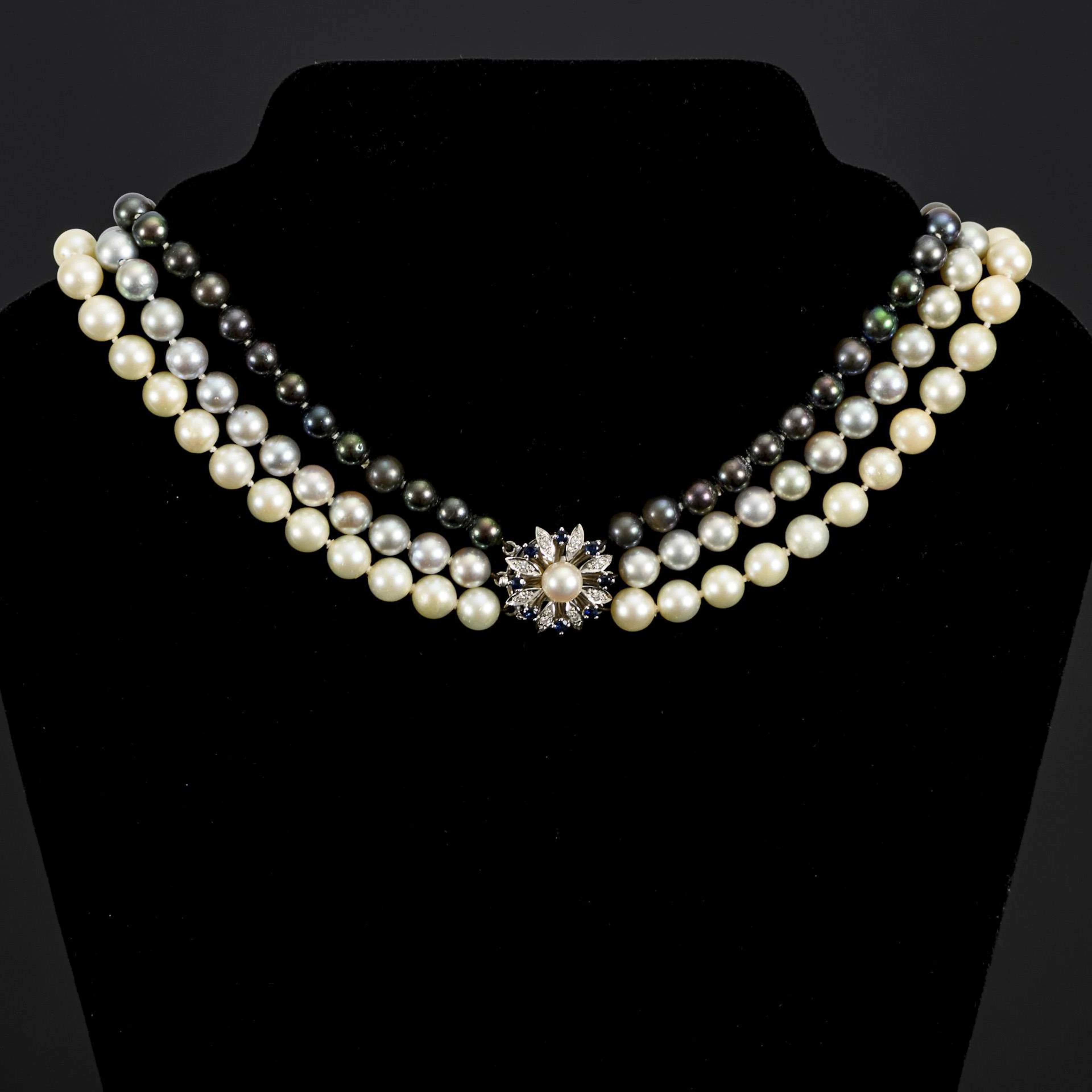 Multicolor pearl necklace with high-quality decorative clasp.