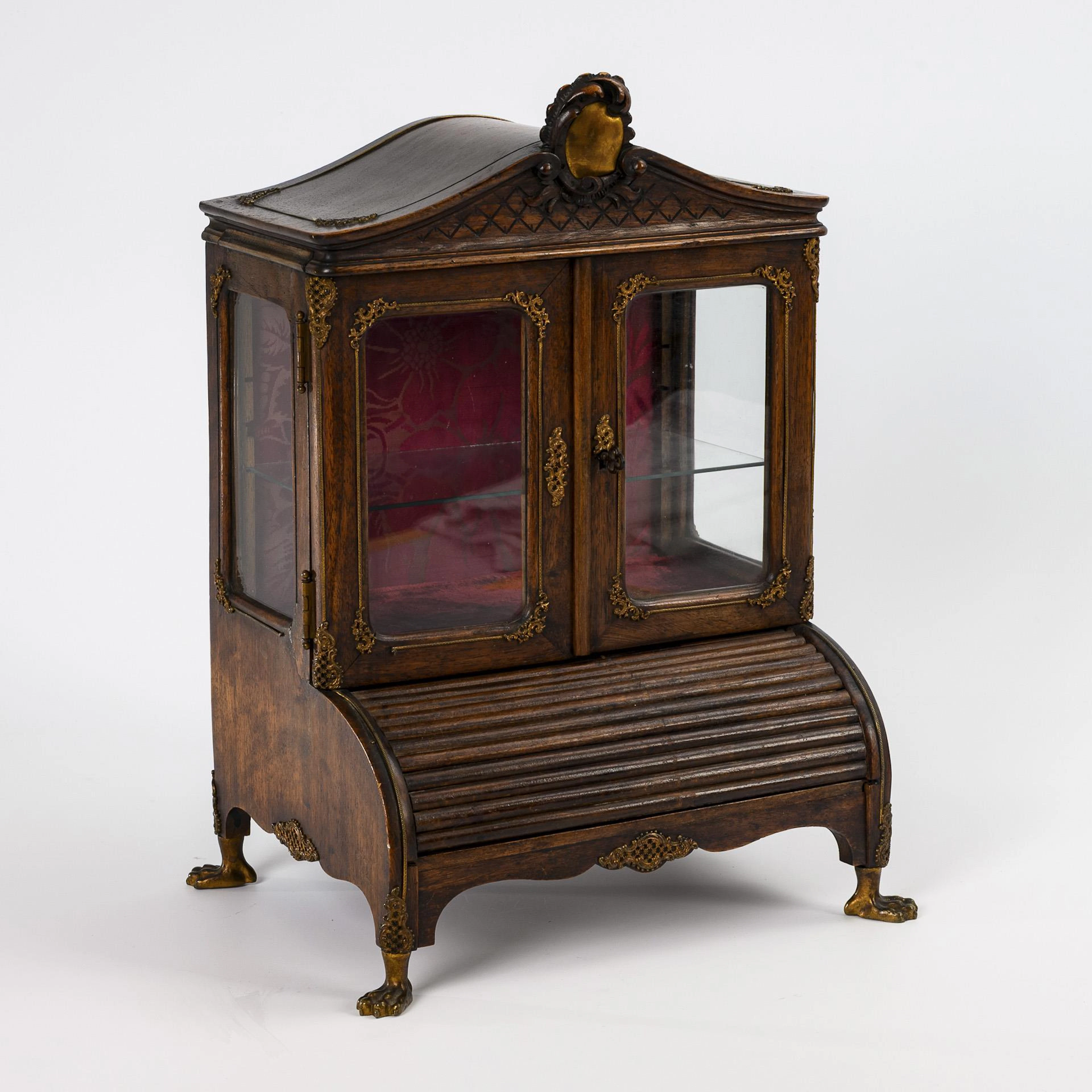 Miniature baroque-style roll-top secretary with pocket watch holder.