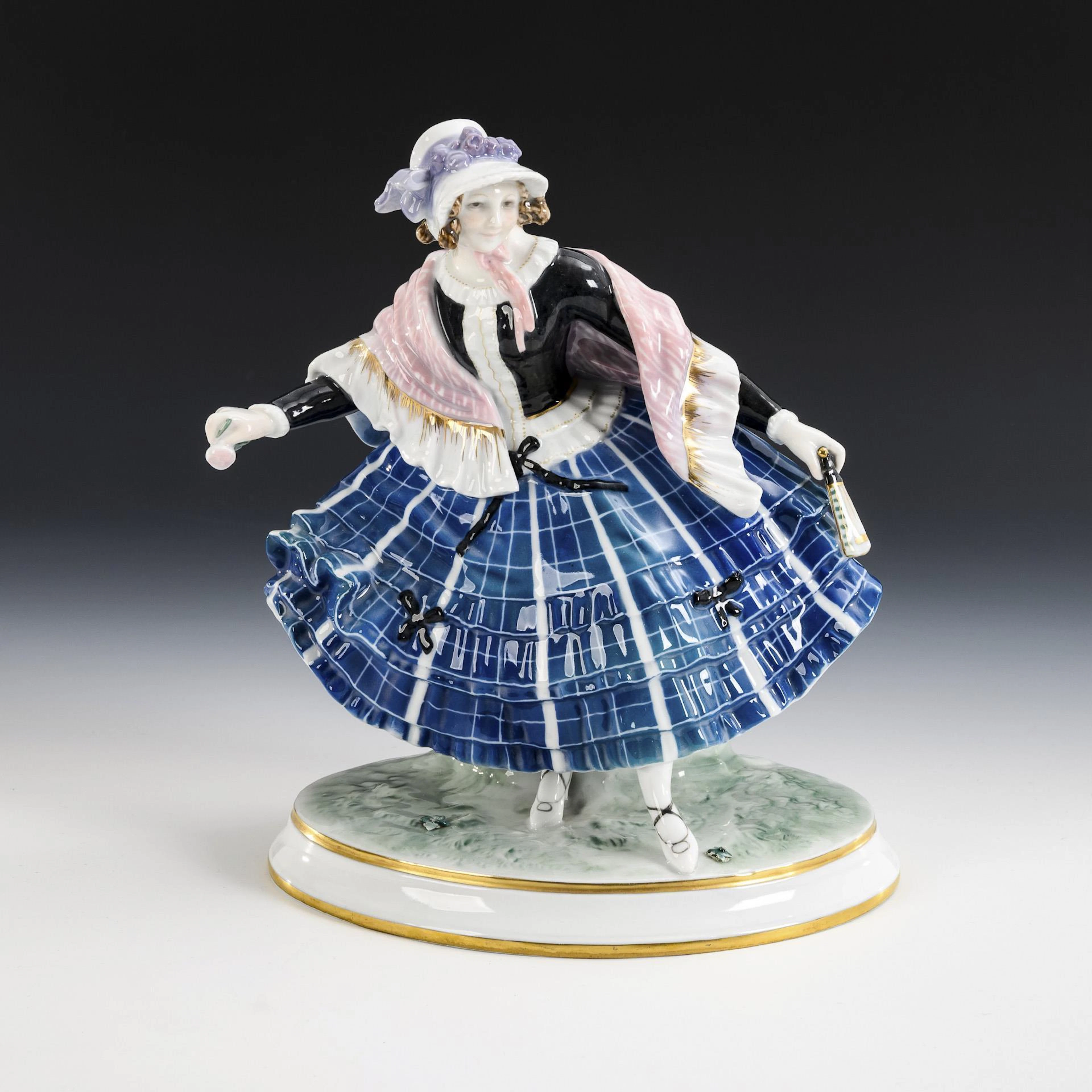 Biedermeier lady with fan and rose. ENS.