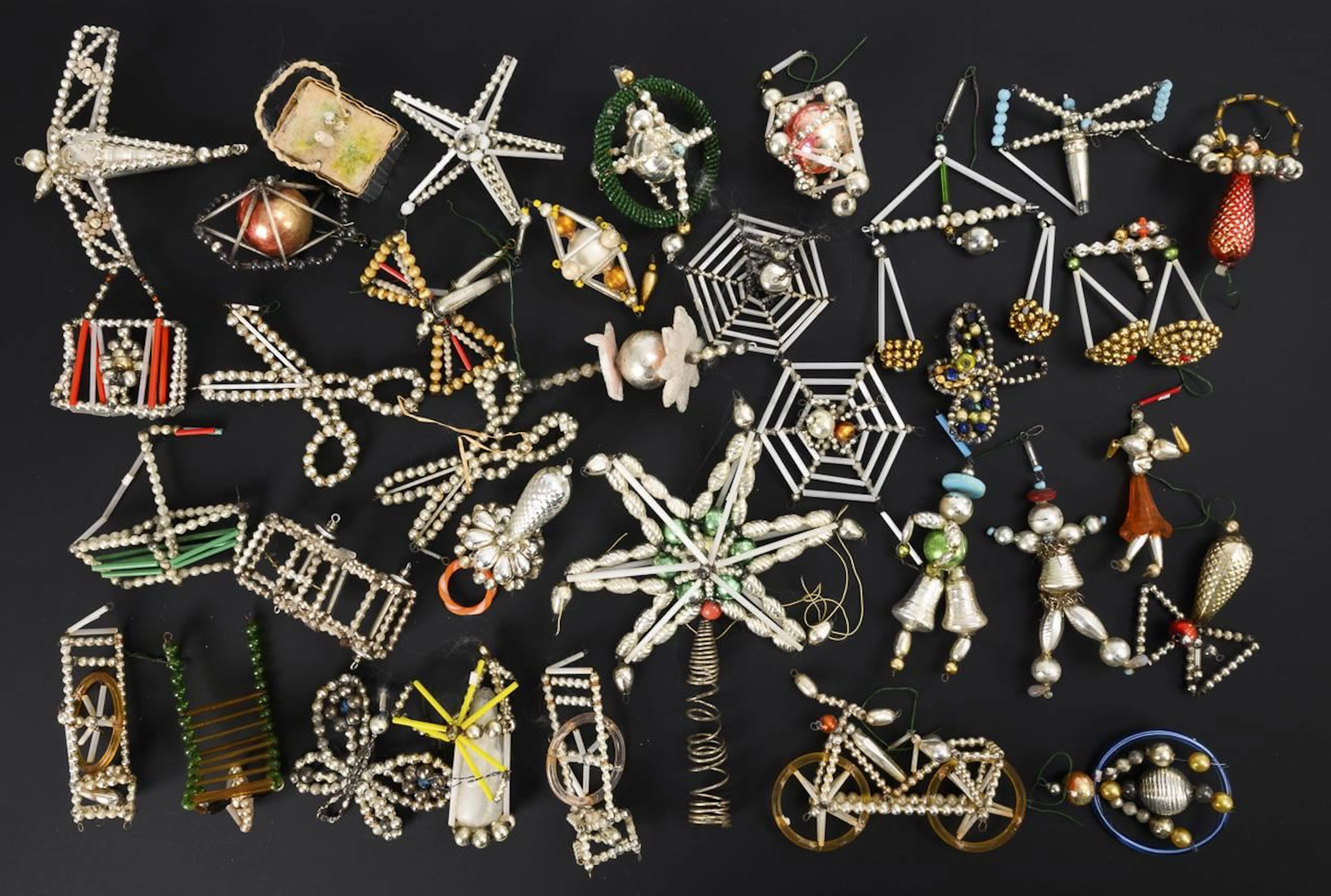 Assortment of Gablonz Christmas Tree Ornaments.