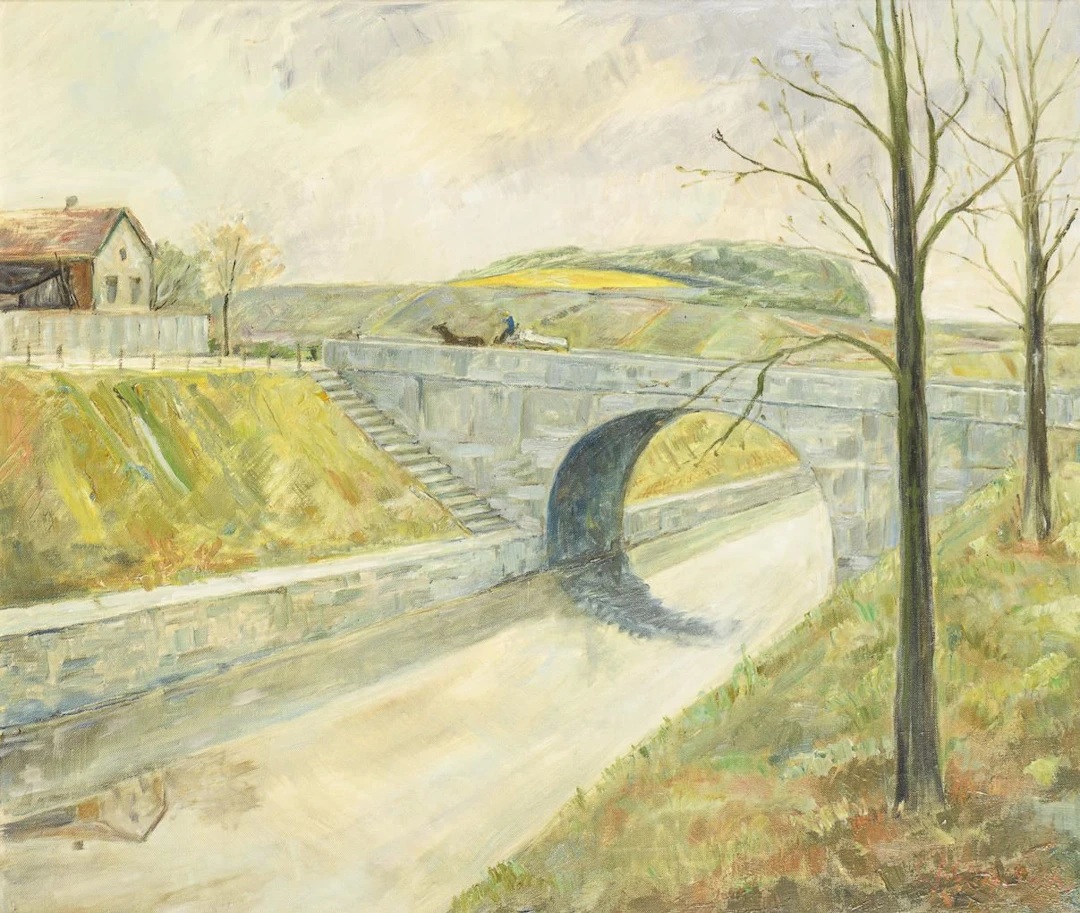 Indistinctly signed: Cityscape with Bridge