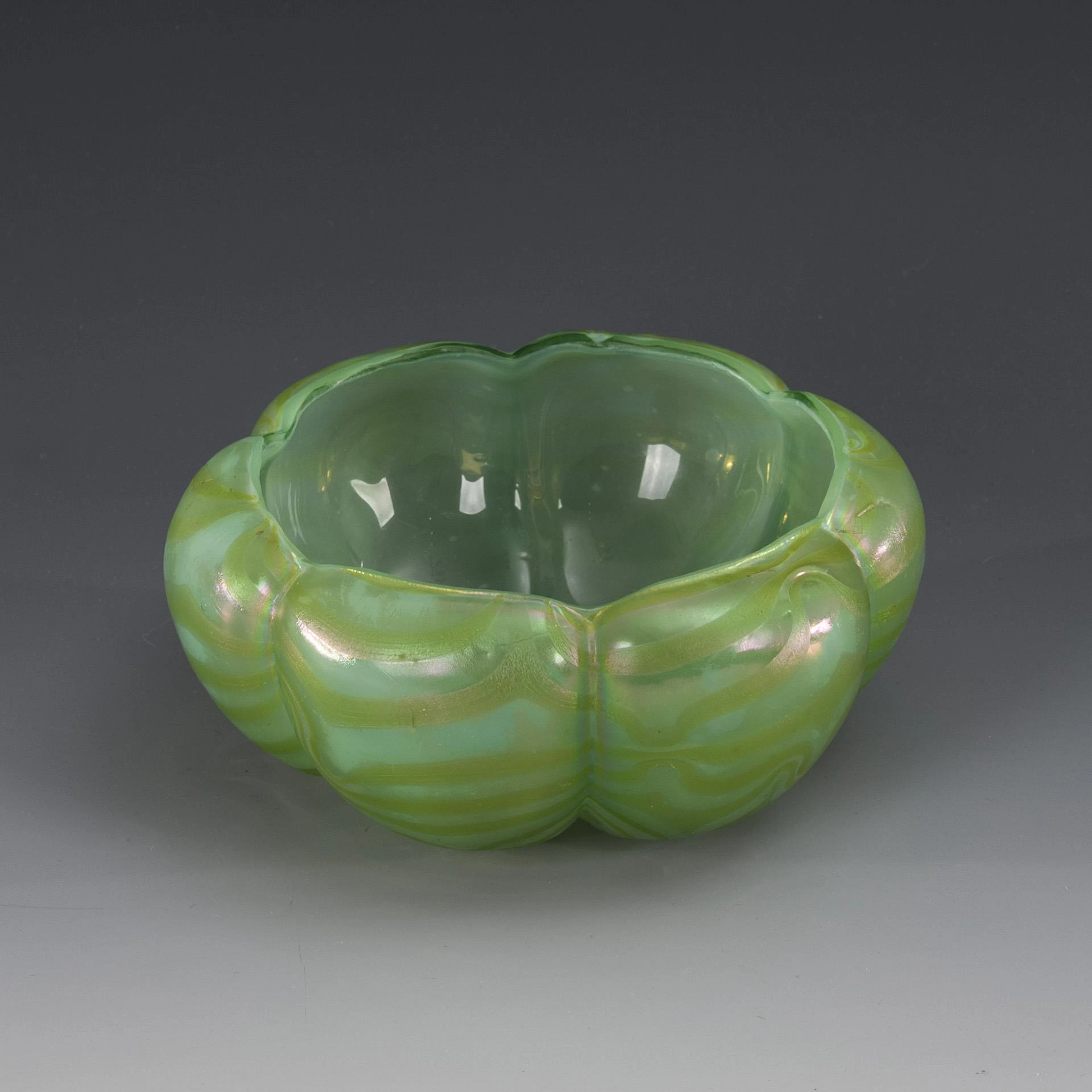 Uranium glass bowl with feather pattern. Kralik.