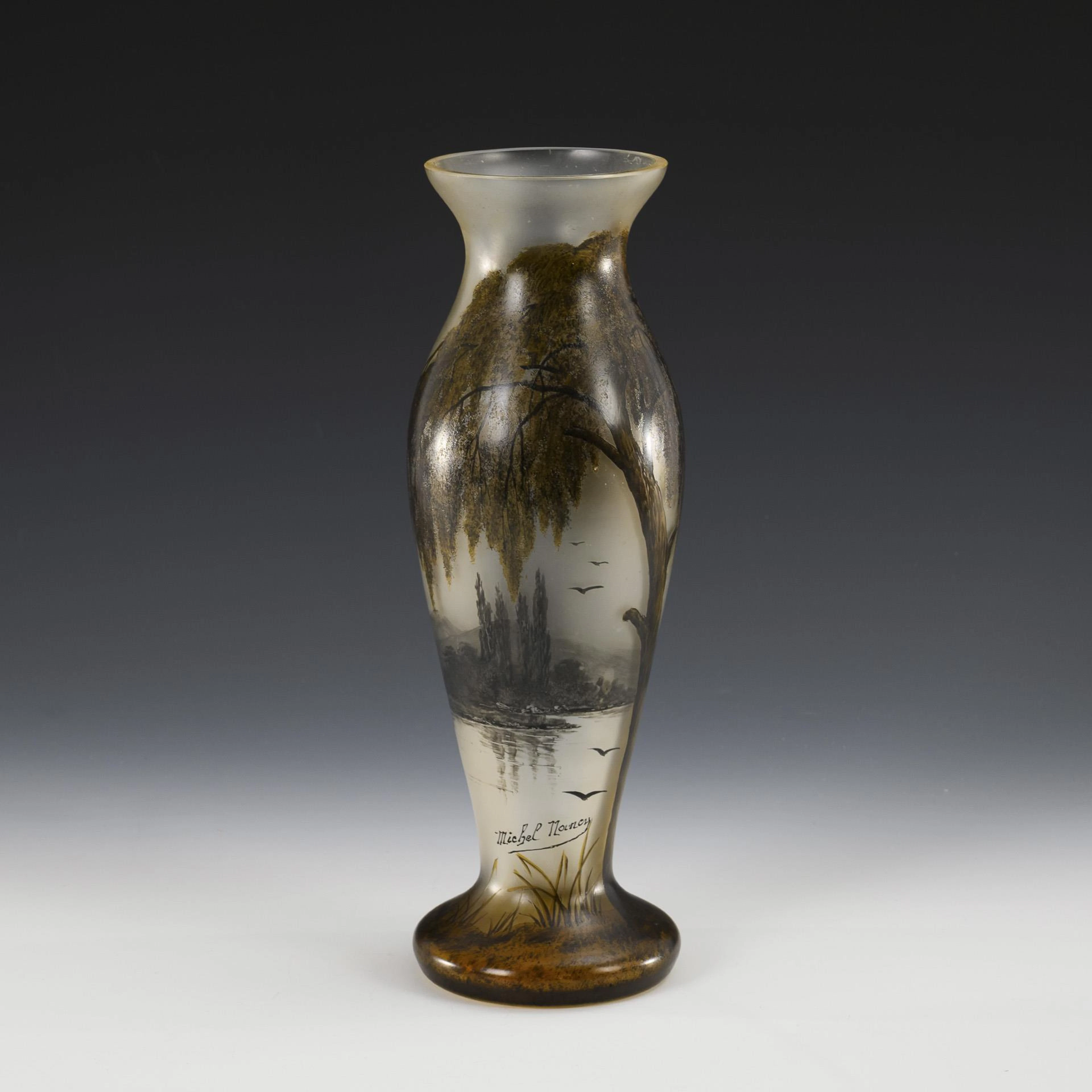 Art Nouveau vase with landscape painting. Michel.