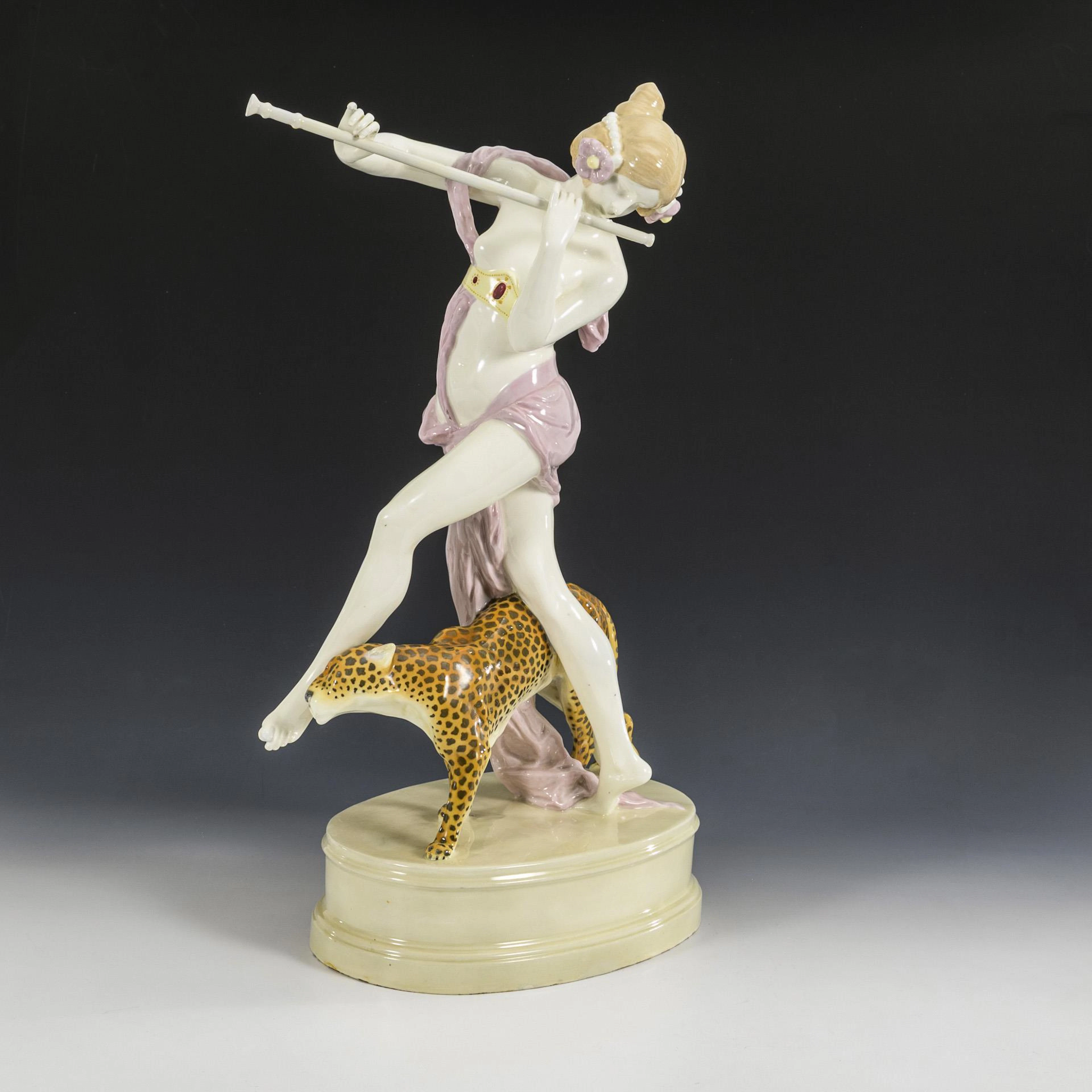Art Nouveau figurine group "Dancing young woman with leopard (bacchante)".