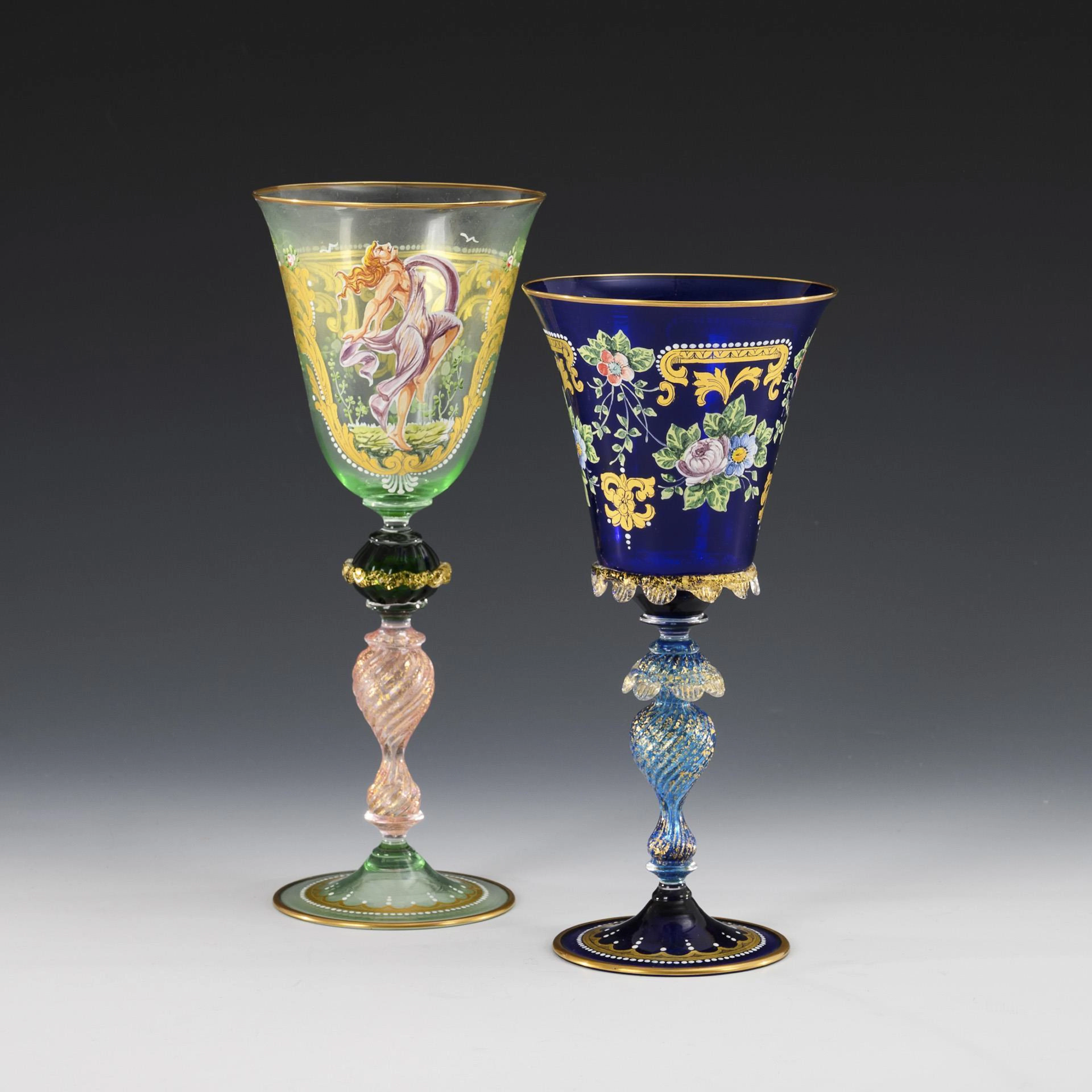 2 goblets with enamel painting. Murano.