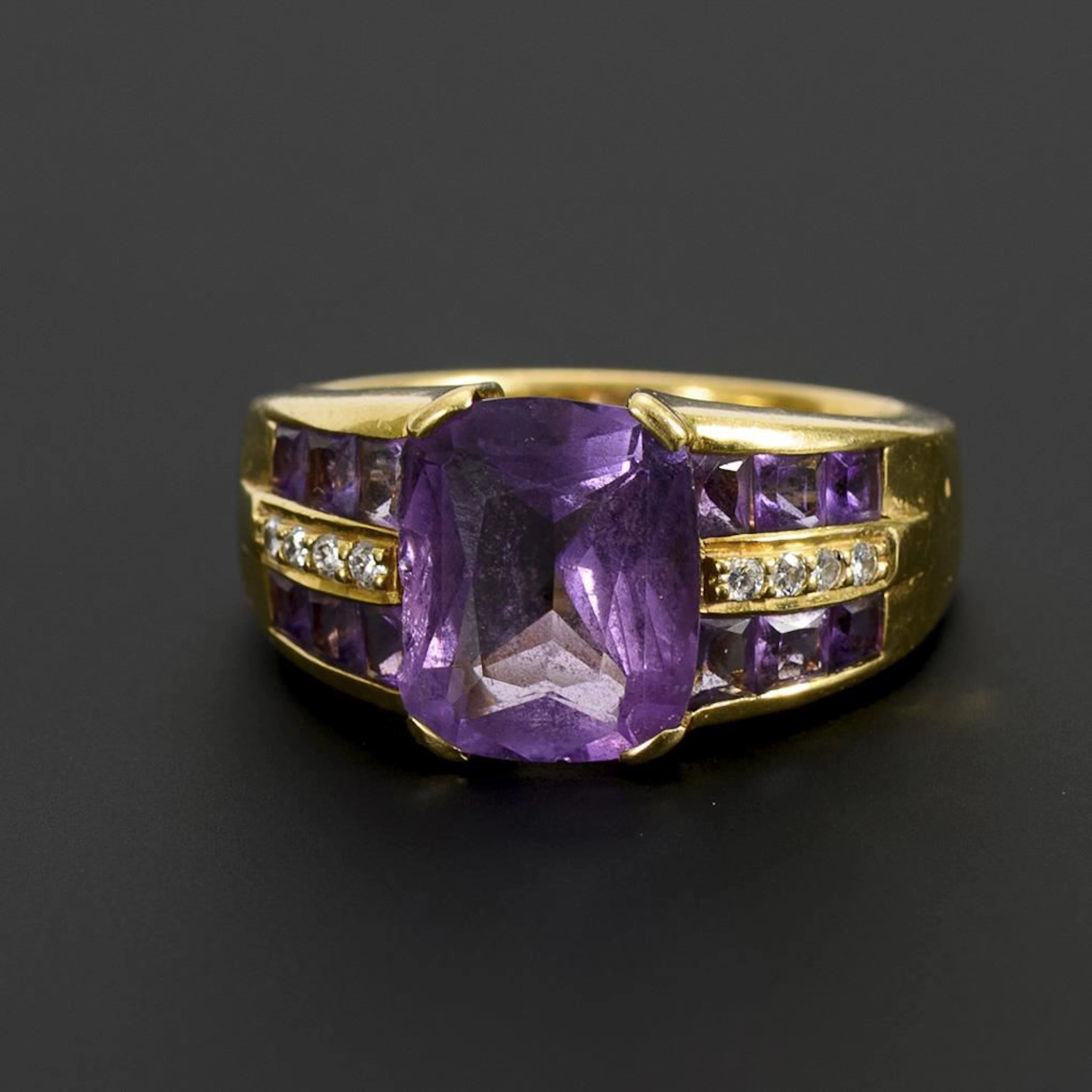 Large ring with amethysts and brilliant-cut diamonds.