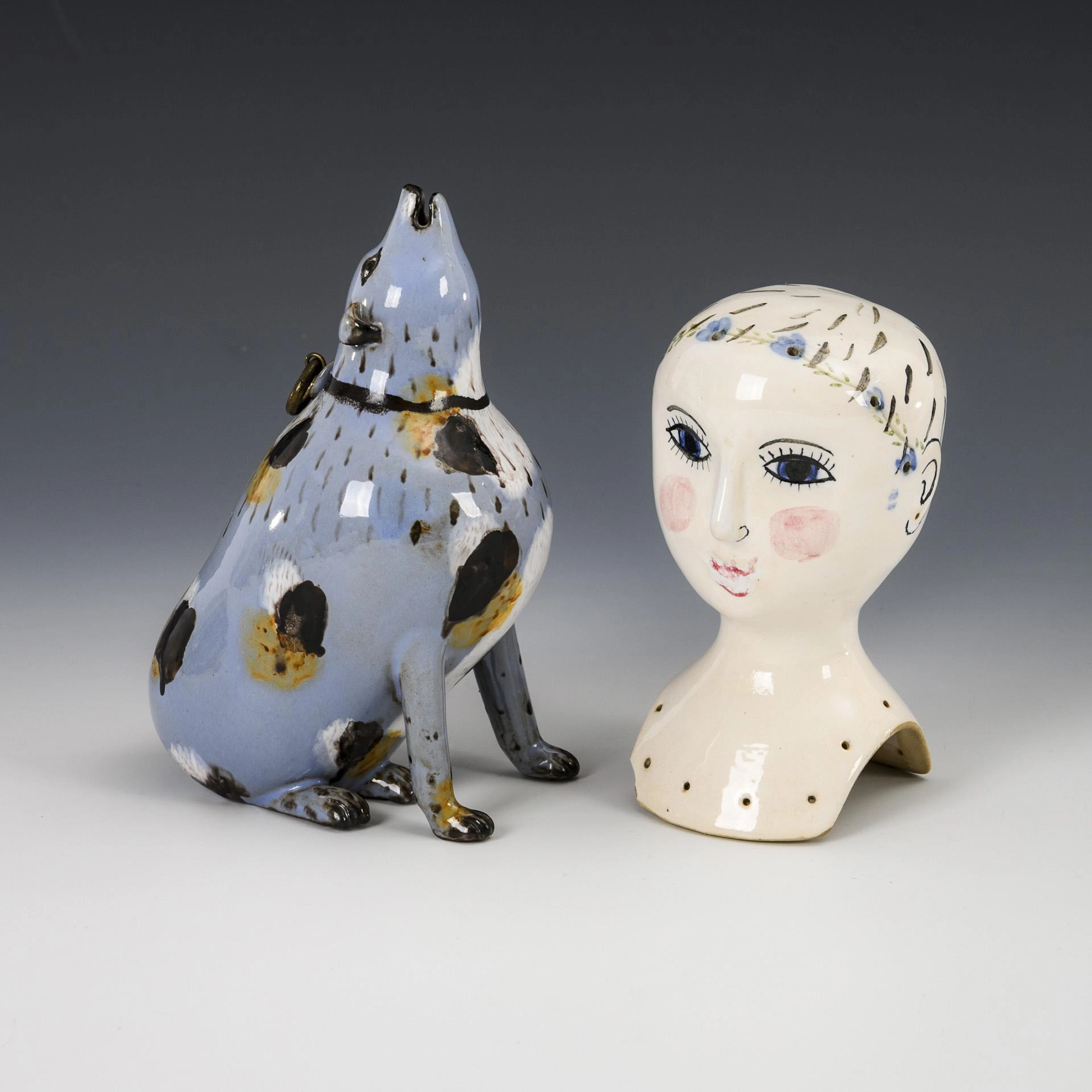 Dog figurine as oil bottle and small bust head. HB workshops for ceramics