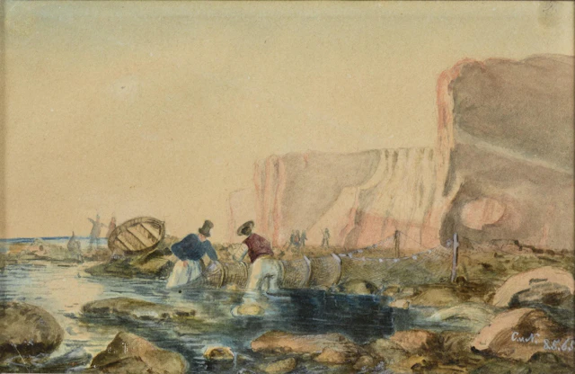 Monogrammist "C.v.N.": Small coastal landscape with fishermen