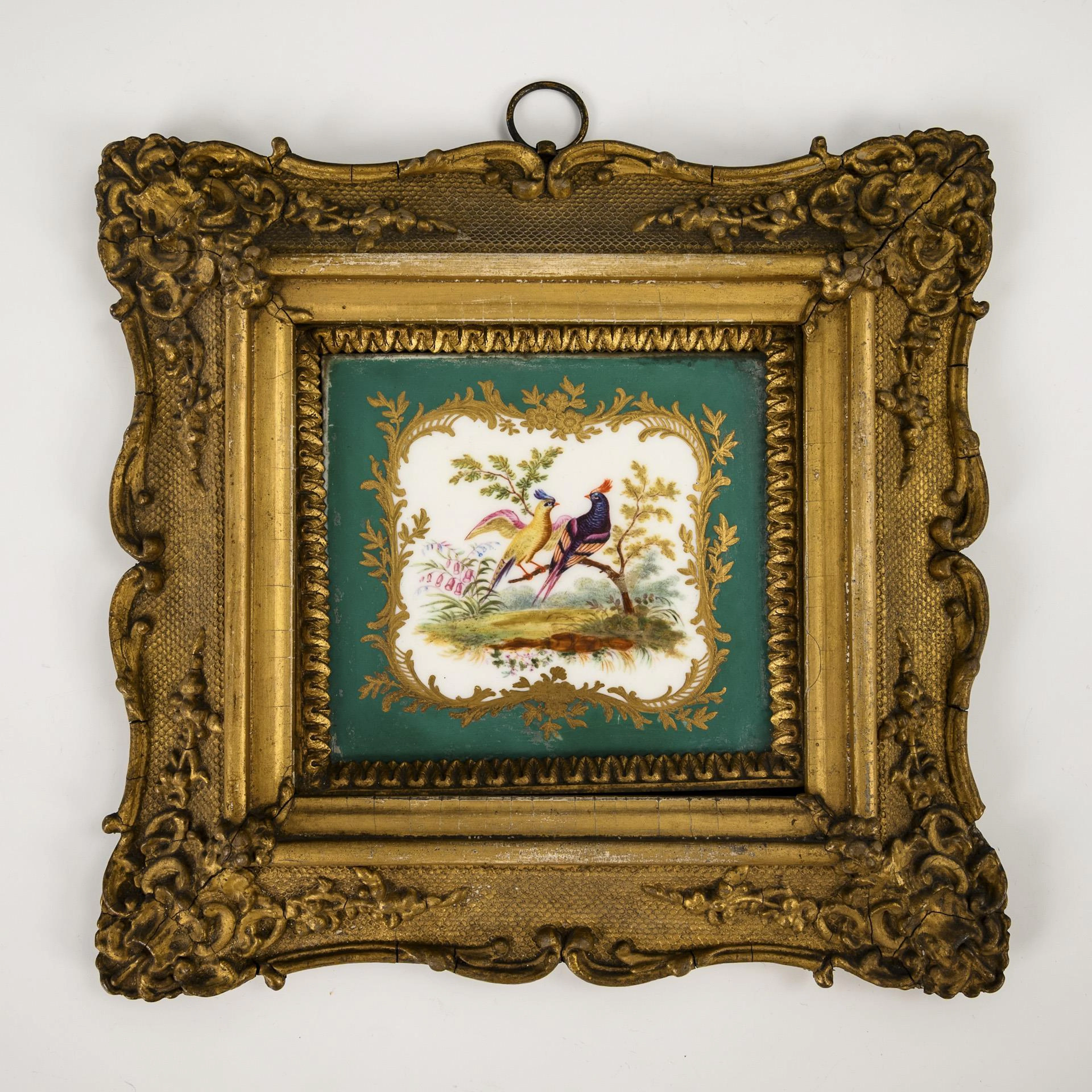 Porcelain tile with bird painting.