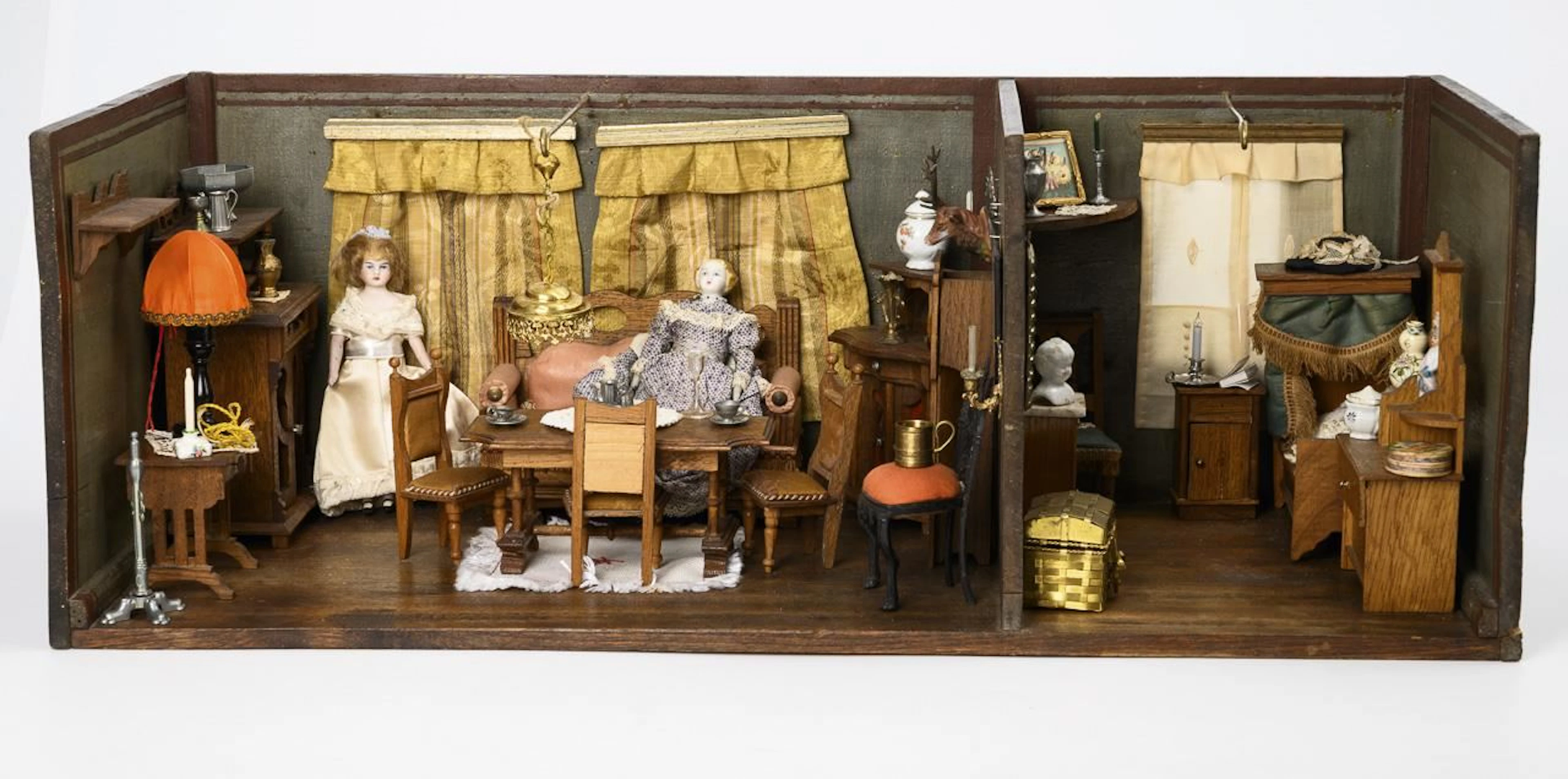 Dollhouse with oak furniture.