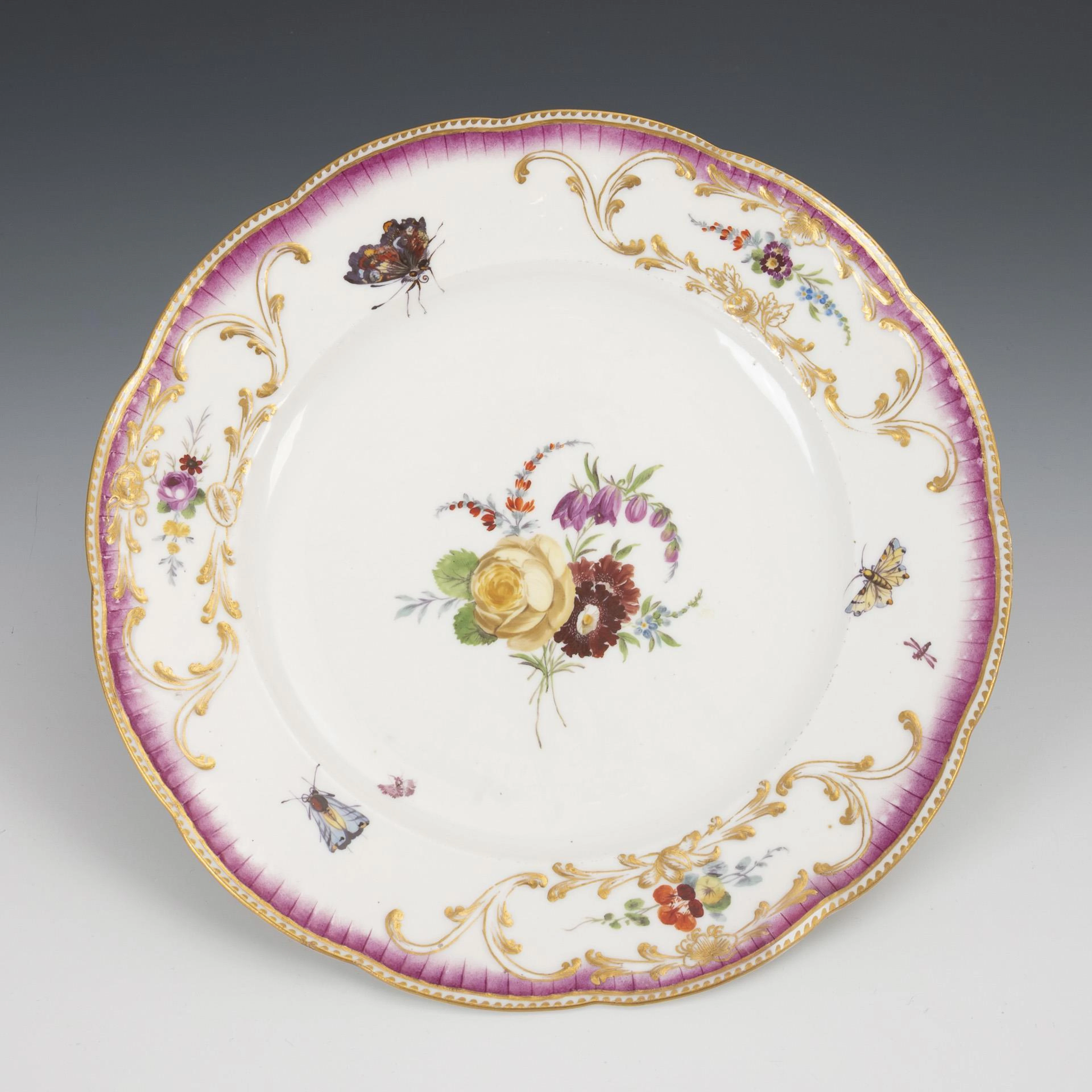 Baroque plate with flower and insect painting. Meissen.