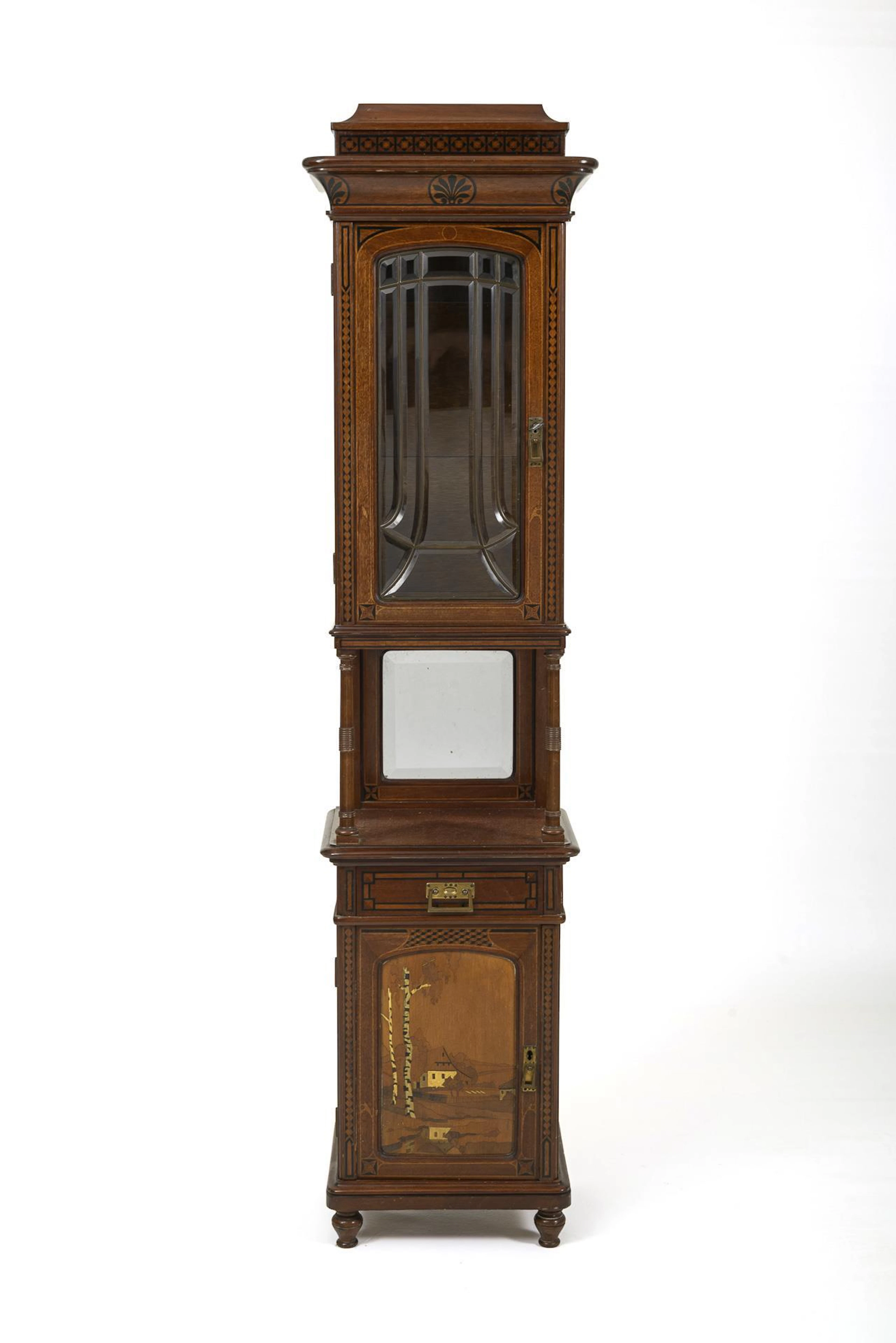 Art Nouveau pillar cabinet with a landscape painting. Mahogany and