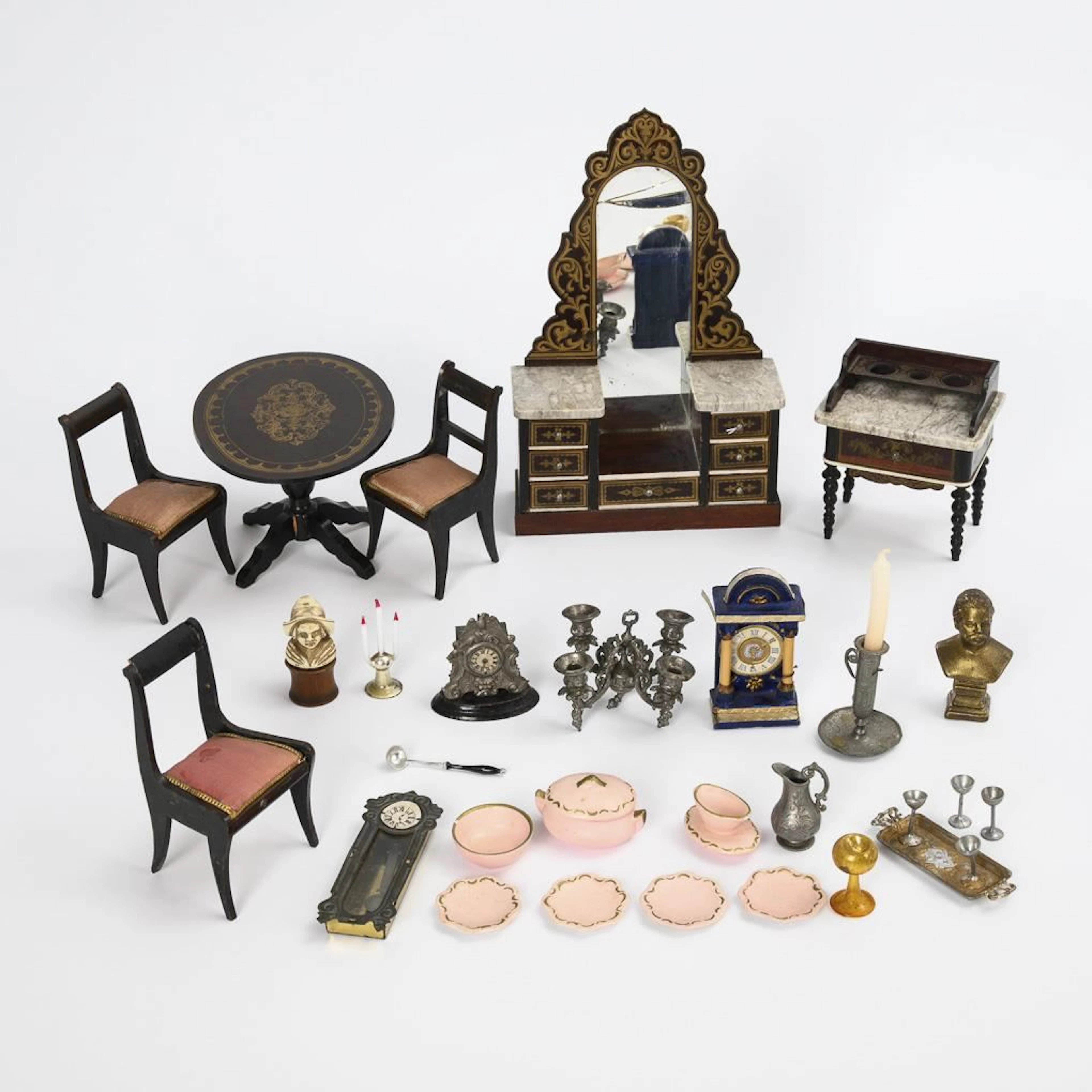 Set of Boulle-style dollhouse furniture and accessories.