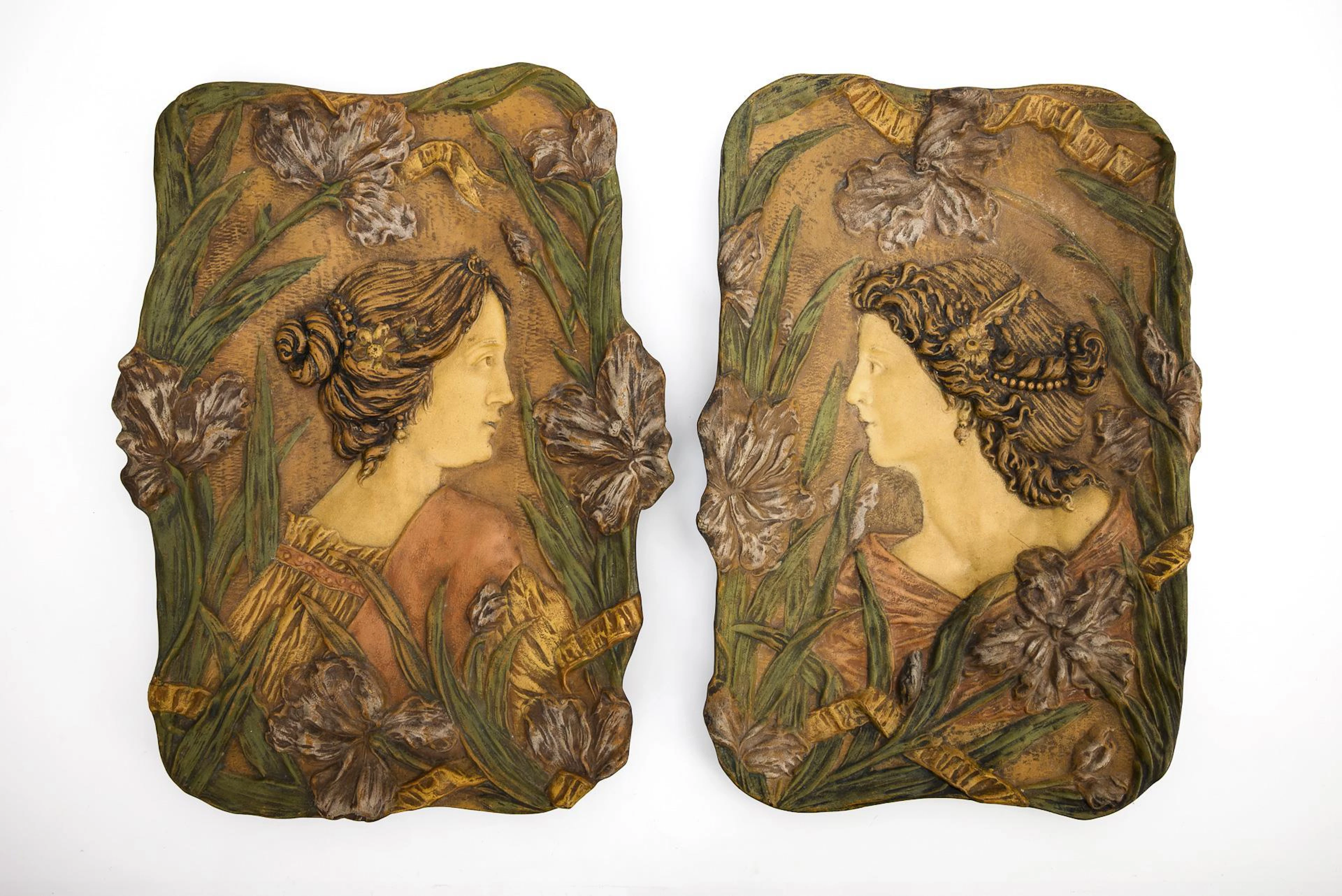2 Art Nouveau terracotta wall reliefs with female figures. Ernst Wahliss
