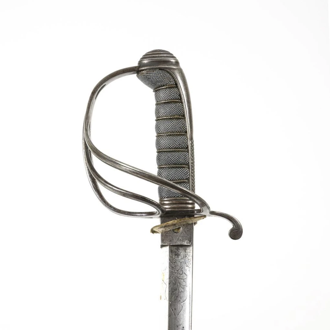 English broadsword with monogram and leather scabbard.