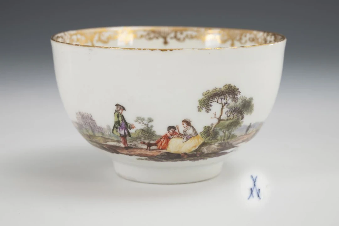 Baroque cup with Watteau and merchant ship motifs. Meissen.