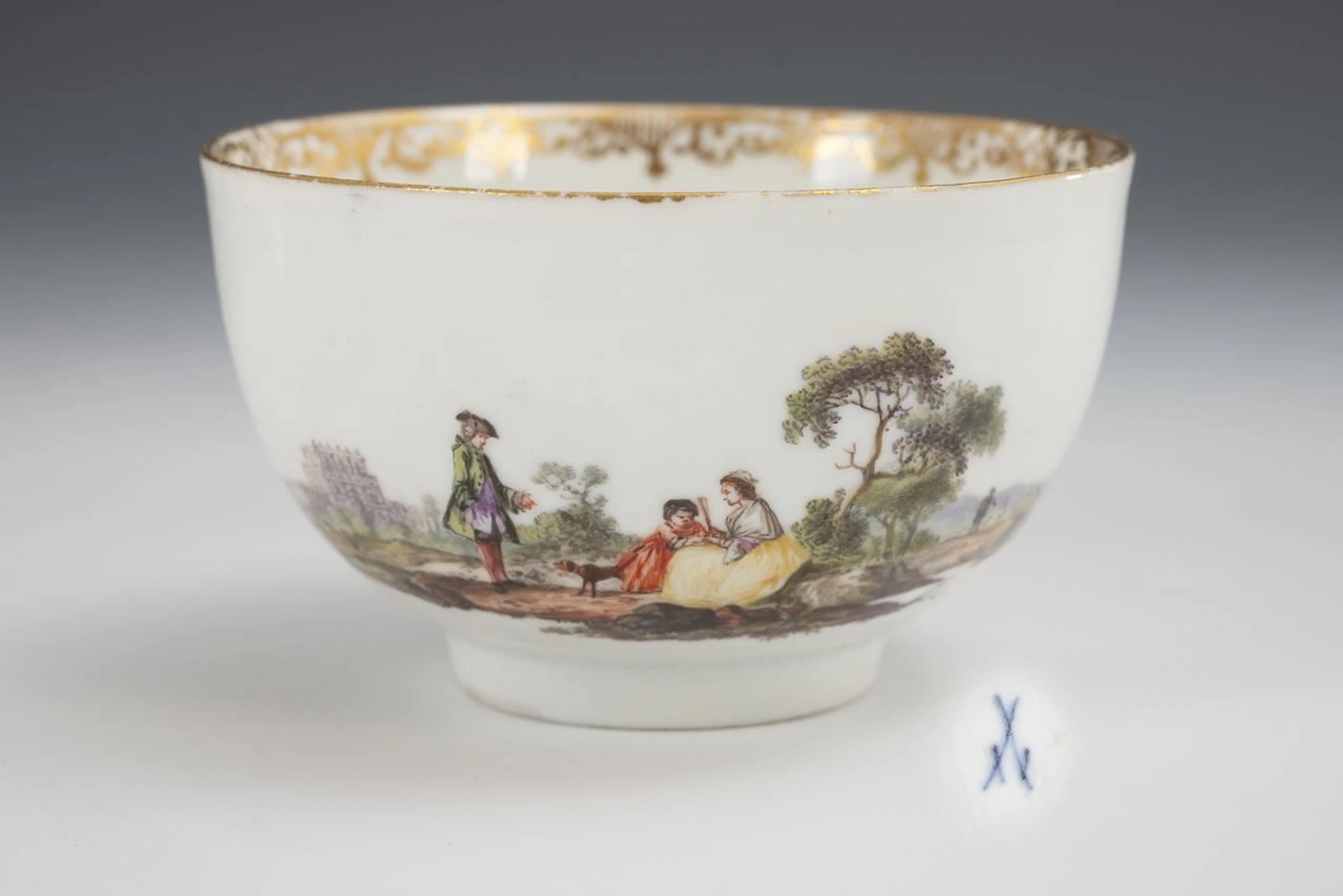 Baroque cup with Watteau and merchant ship motifs. Meissen.