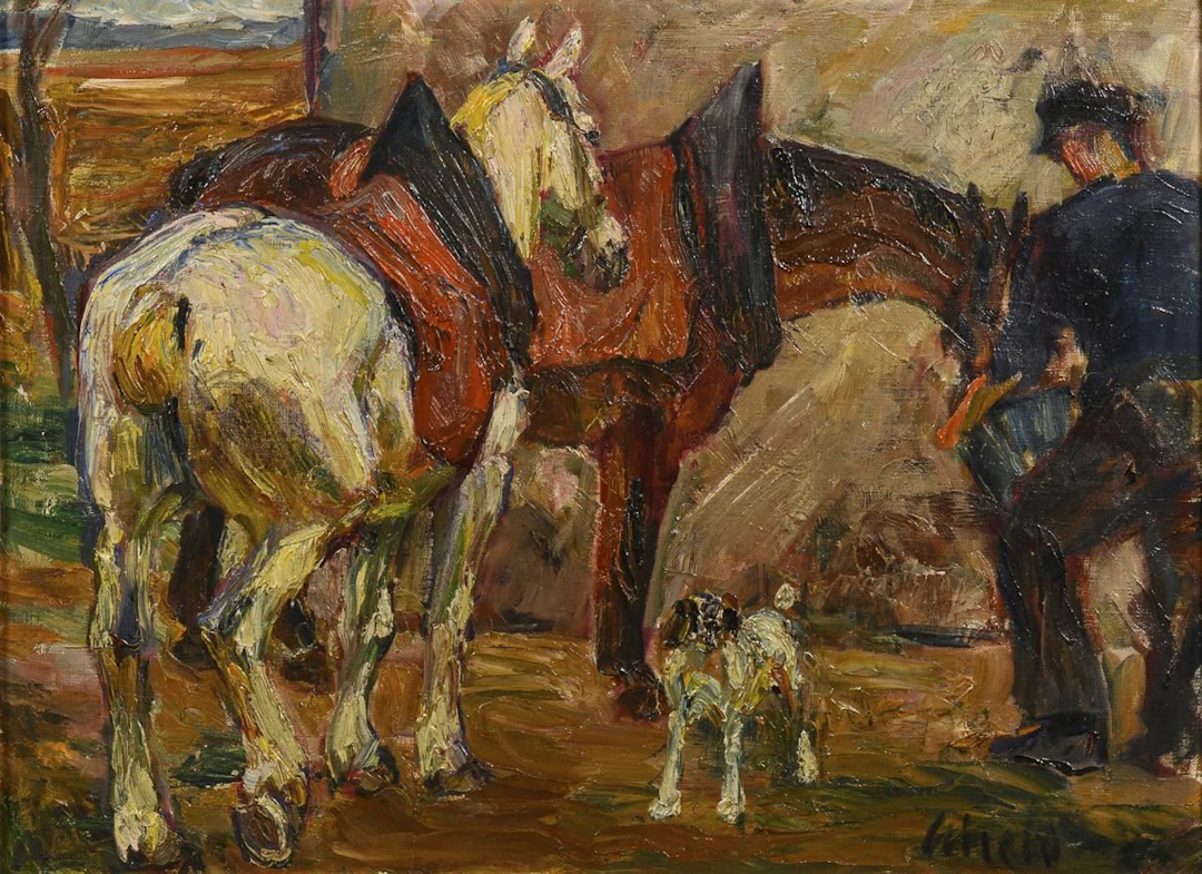 Indistinctly signed: Farmer with Horses
