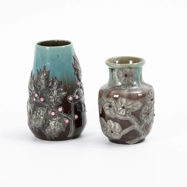2 Art Nouveau vases with pewter mounts. C. A. Schack Pottery Factory in Bürgel.