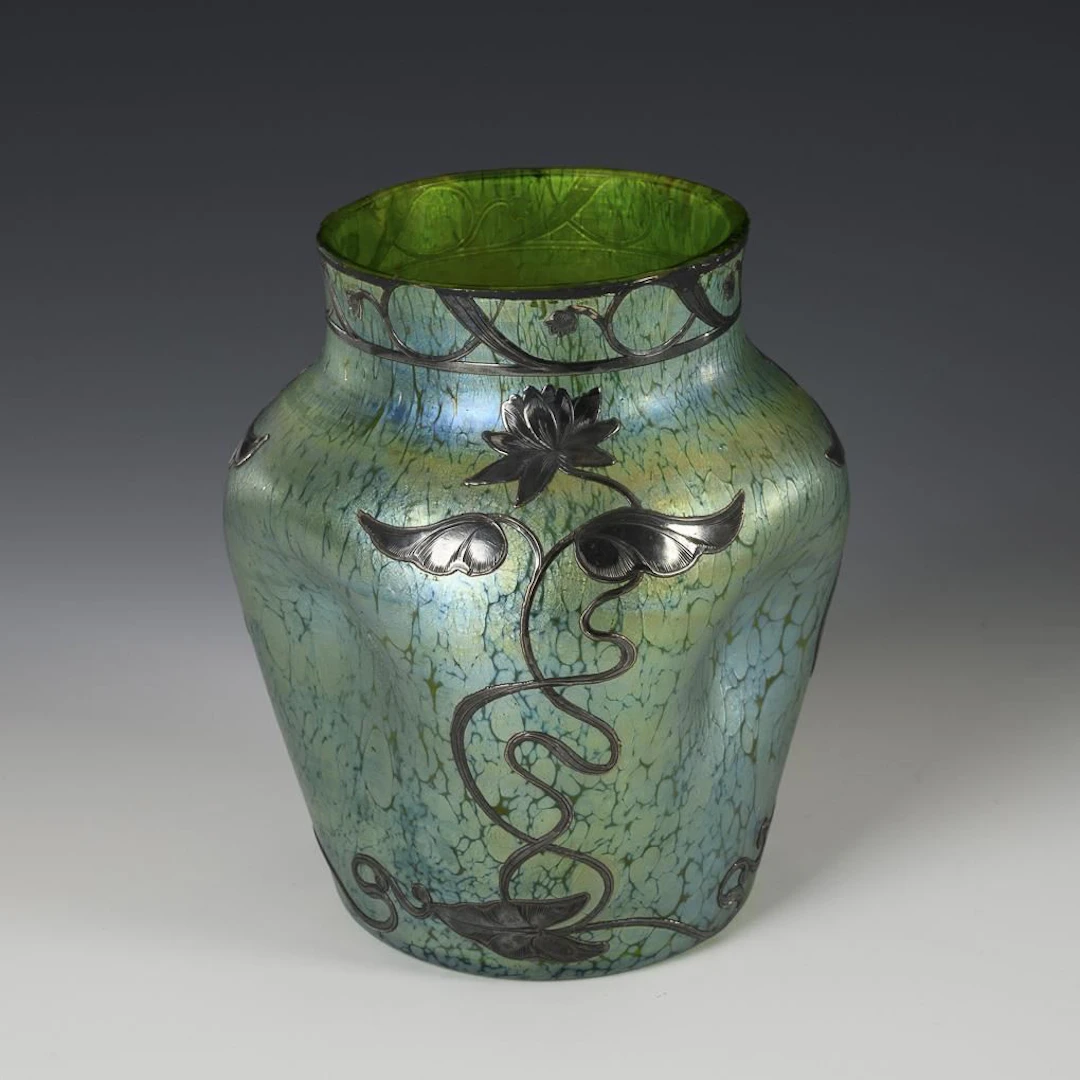 Art Nouveau "Creta Papillon" vase with silver overlay. Loetz.