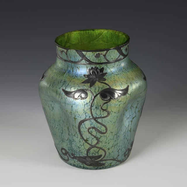 Art Nouveau "Creta Papillon" vase with silver overlay. Loetz.