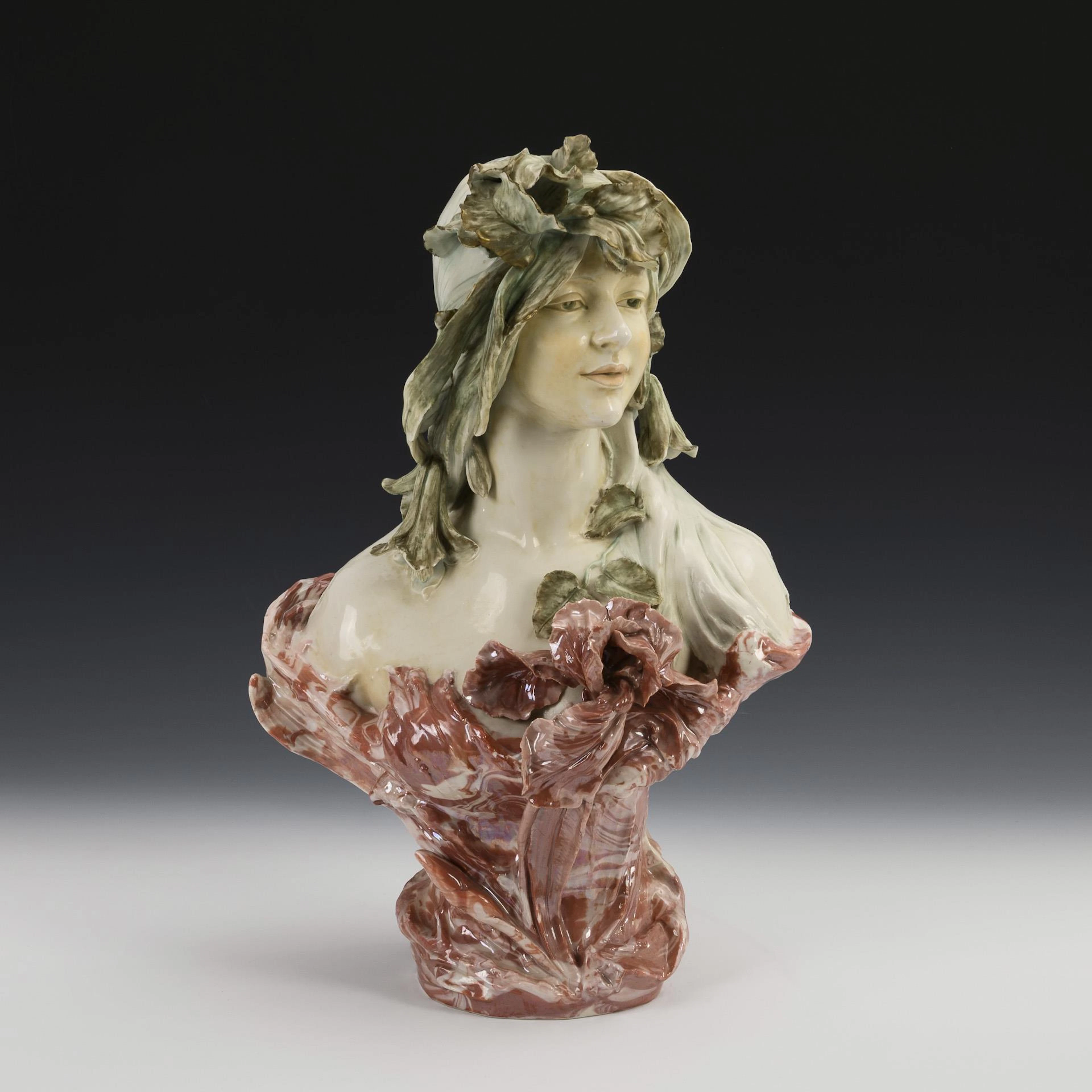 Art Nouveau bust: Young woman with lily and iris flower. Royal Dux.