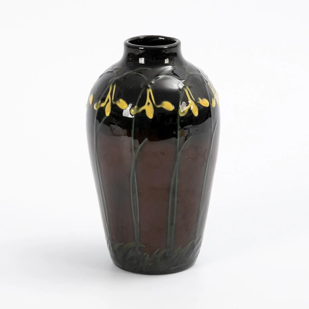 Art Nouveau vase with snowdrops. Prof. Laeuger's Art Pottery, Kandern