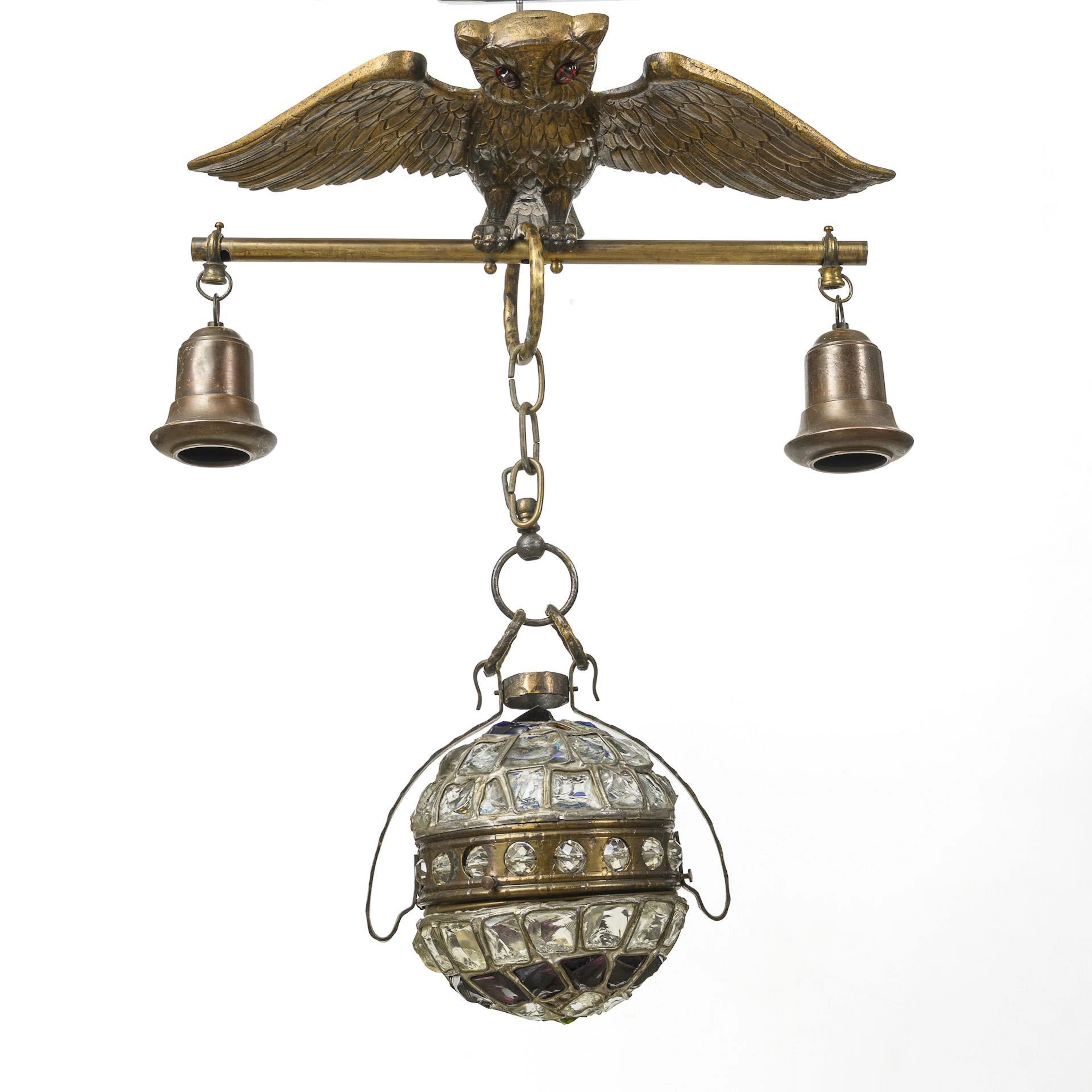 Art Nouveau glass chunk lamp with owl.