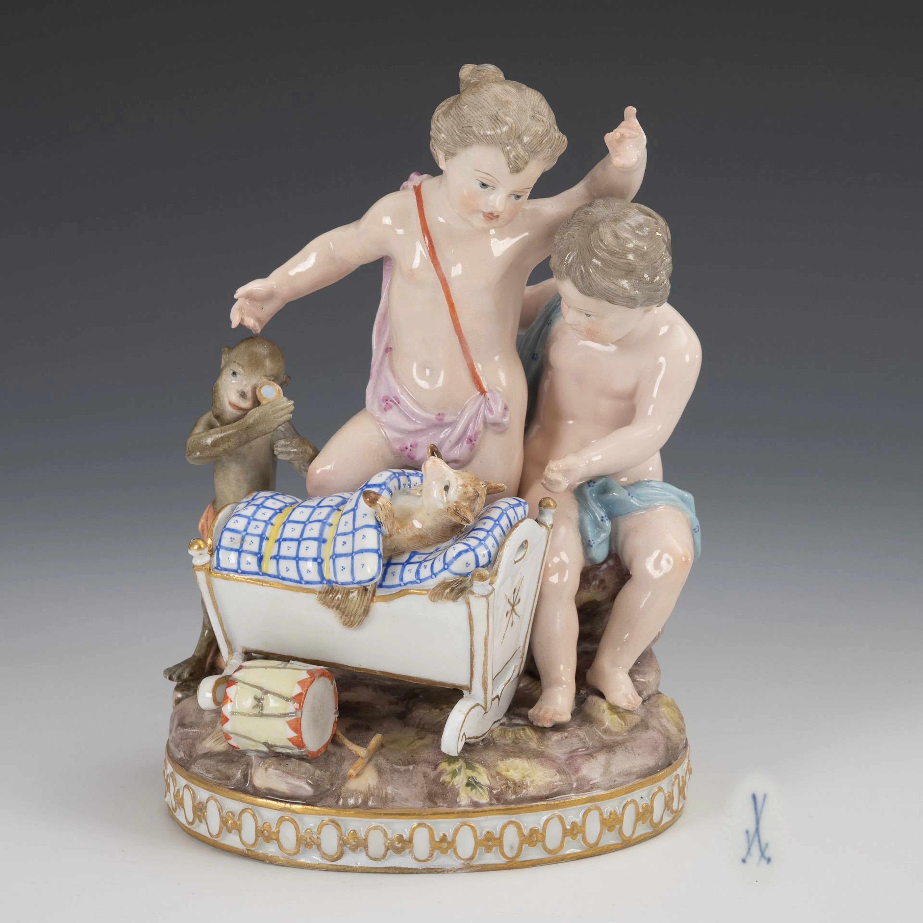 Children's group with monkey and cradle. Meissen.
