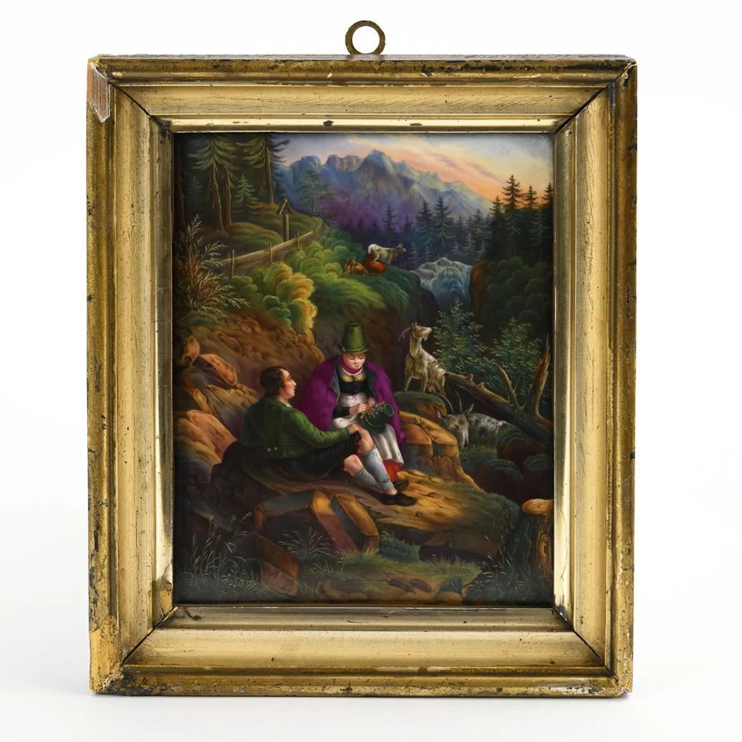 Porcelain painting: A resting shepherd couple.