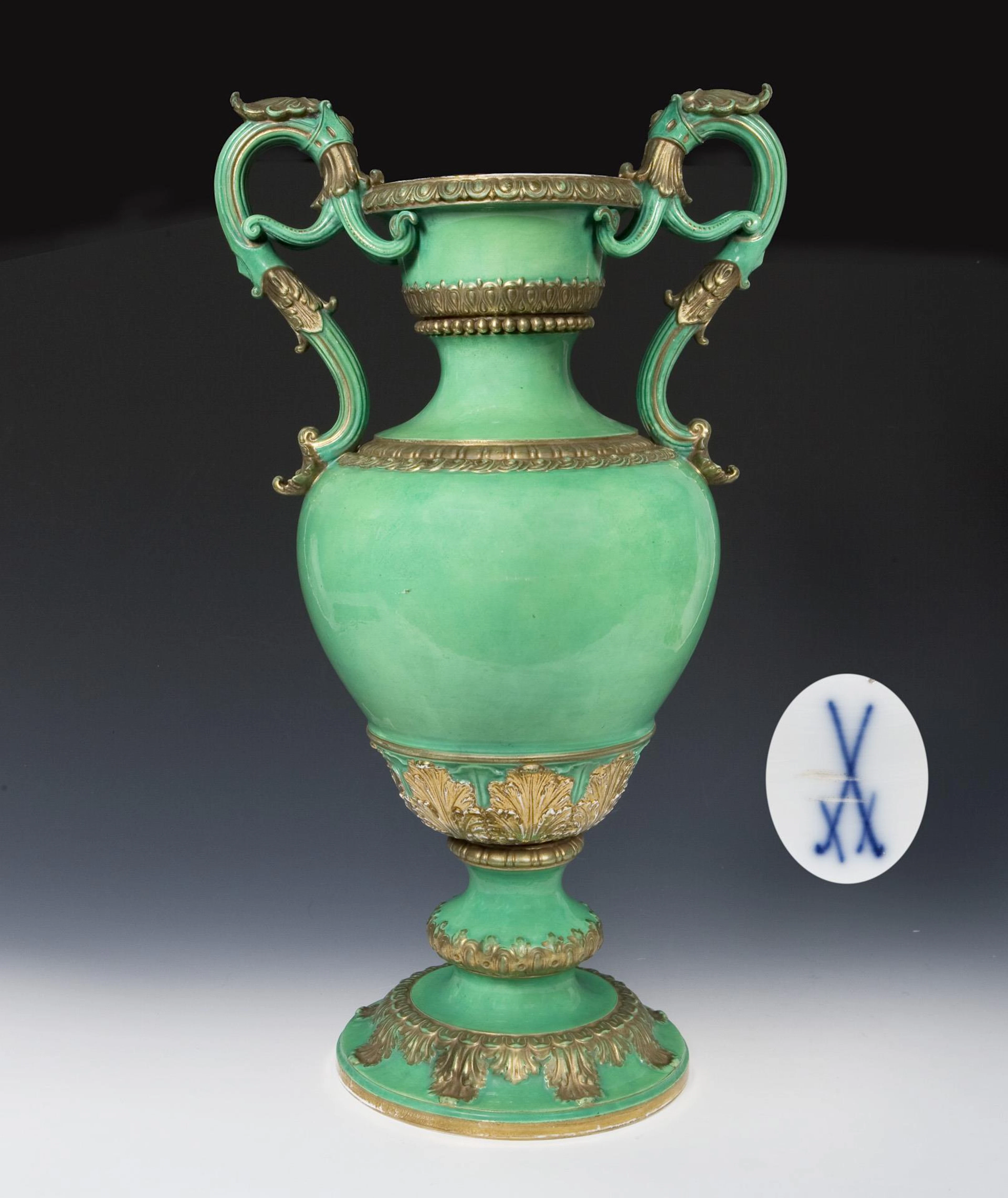 Large vase with handle and lime green ground. Meissen.