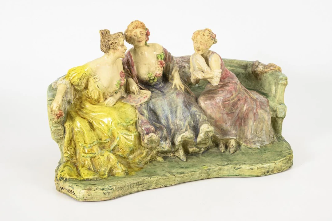 Art Nouveau group of figures engaged in gossip. Edmond Lachenal Céramiste