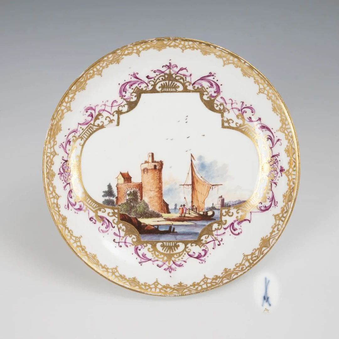 Baroque saucer with merchant ship painting. Meissen.