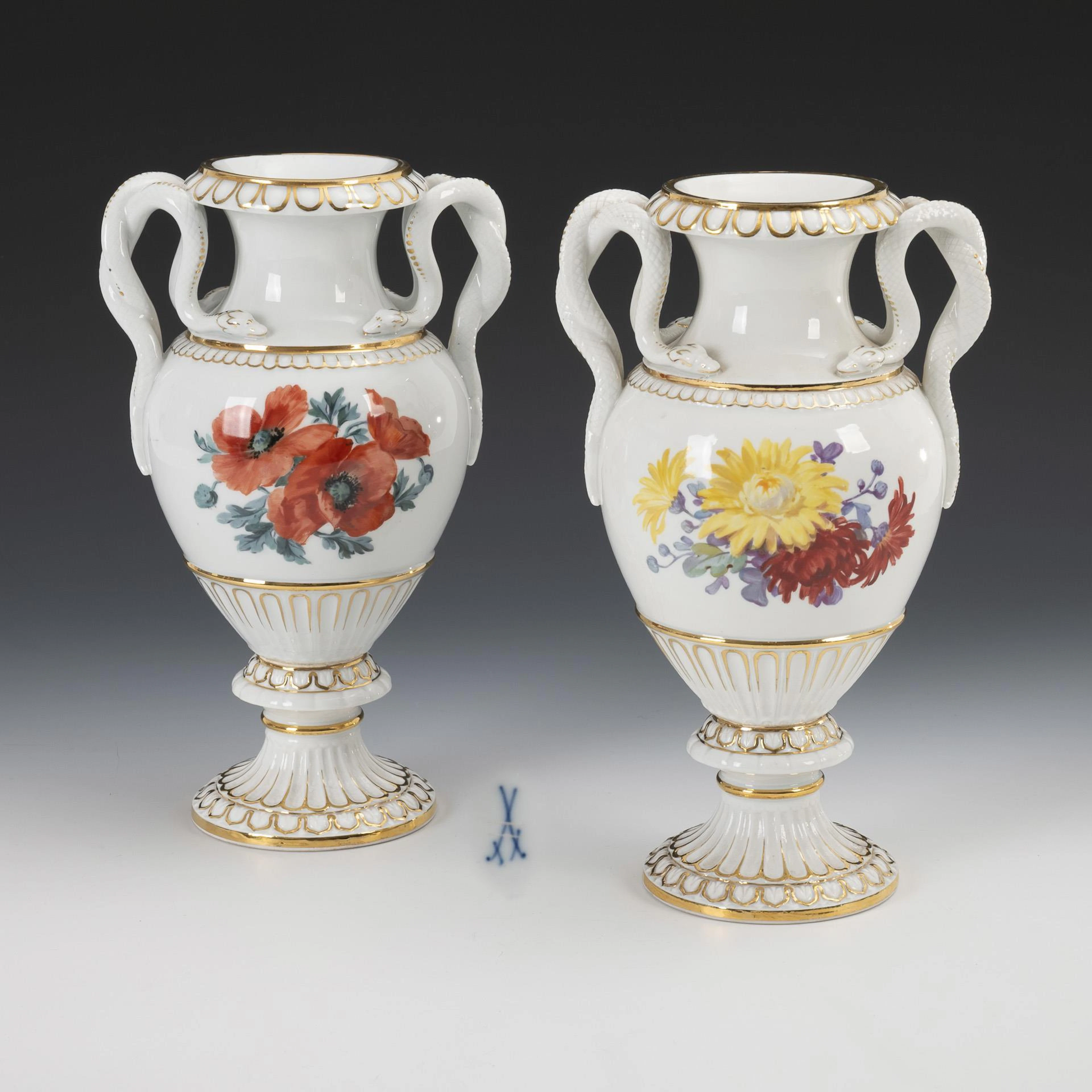 2 snake handle vases with flower painting. Meissen.