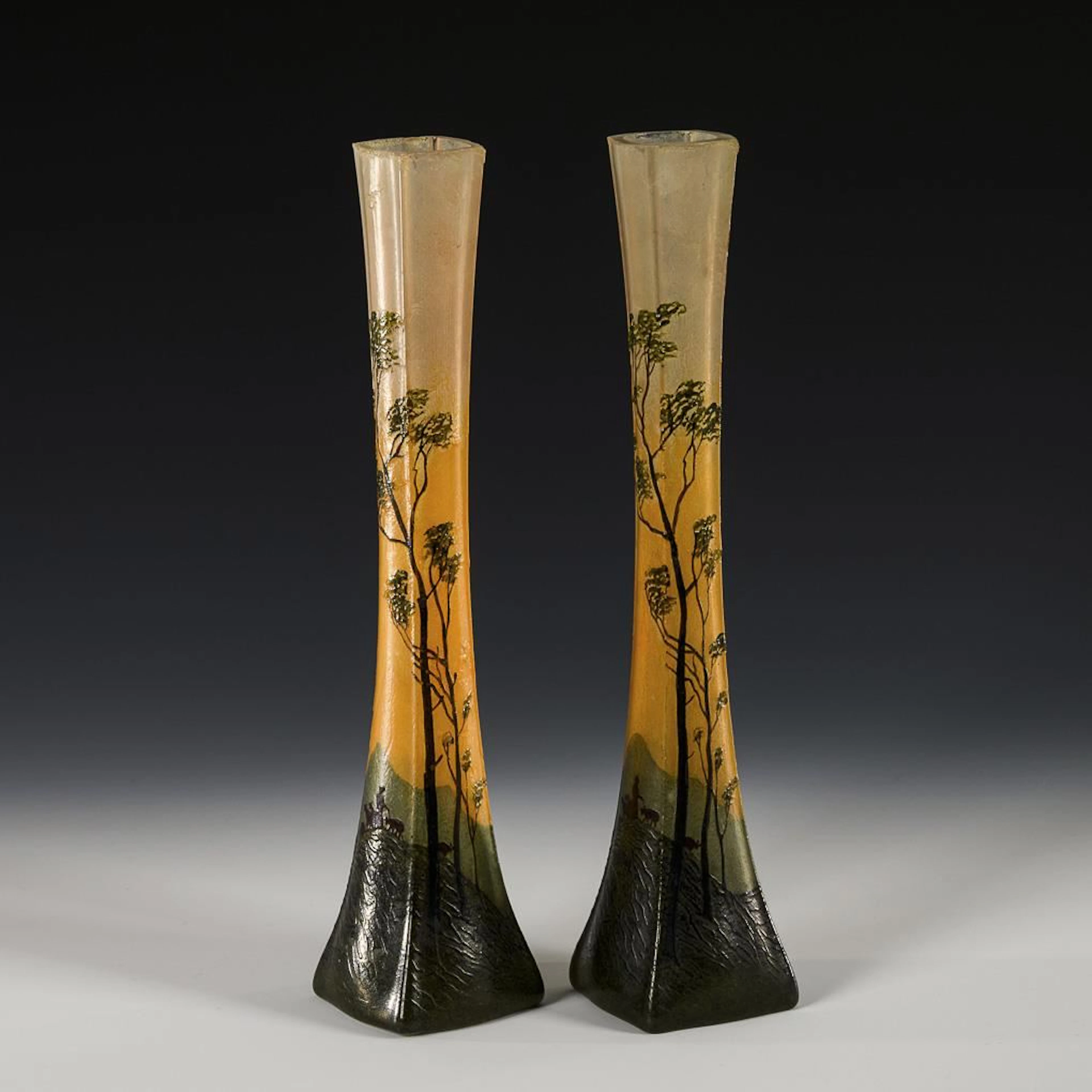 Pair of Art Nouveau vases with landscape decoration. Legras & Cie.