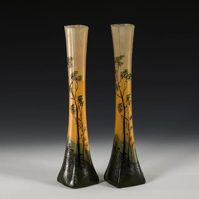 Pair of Art Nouveau vases with landscape decoration. Legras & Cie.