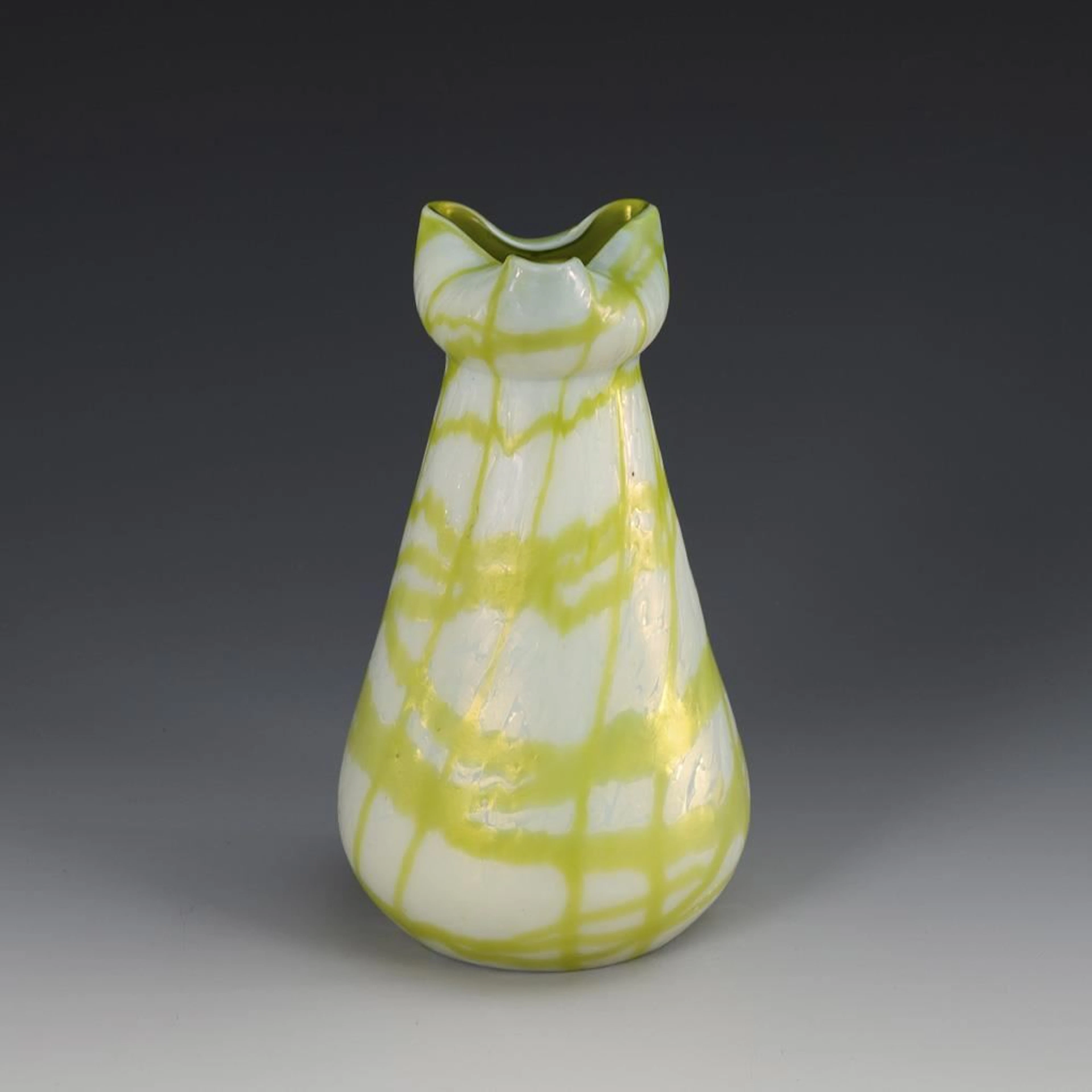 Rare Art Nouveau vase with a green thread-like mesh. Kralik.